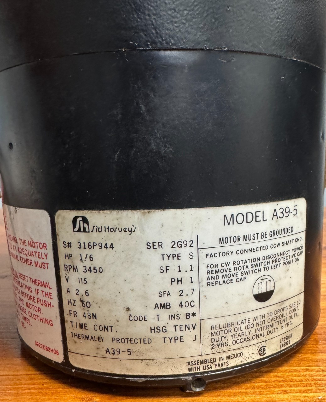 Sid Harvey A39-5 Oil Burner Motor 1/6 HP 115V 3450 RPM 48 Frame Single Phase