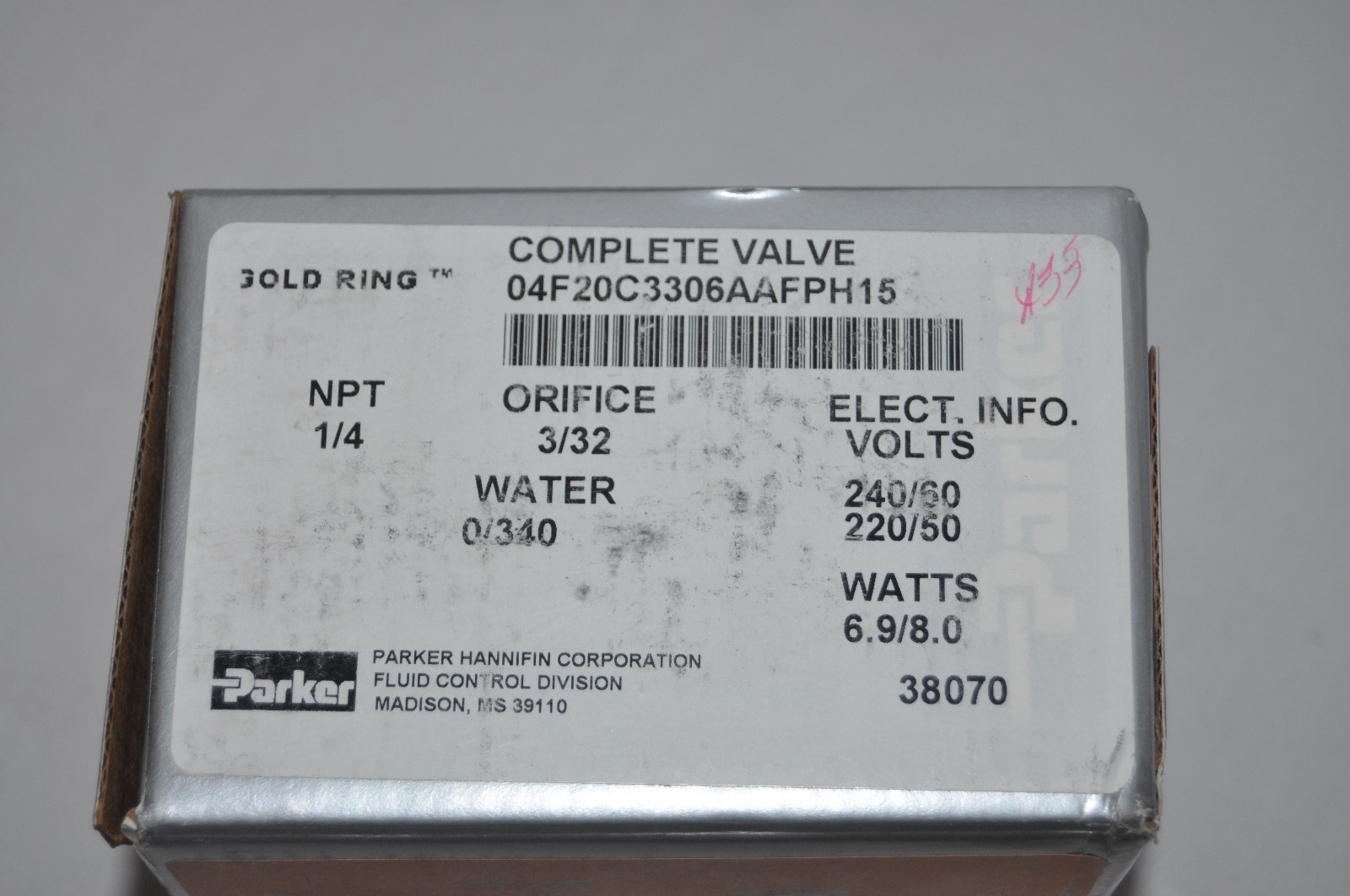 Parker Complete Solenoid Valve Gold Ring 1/4″ NPT 3/32 Orifice 04F20C3306AAFPH15