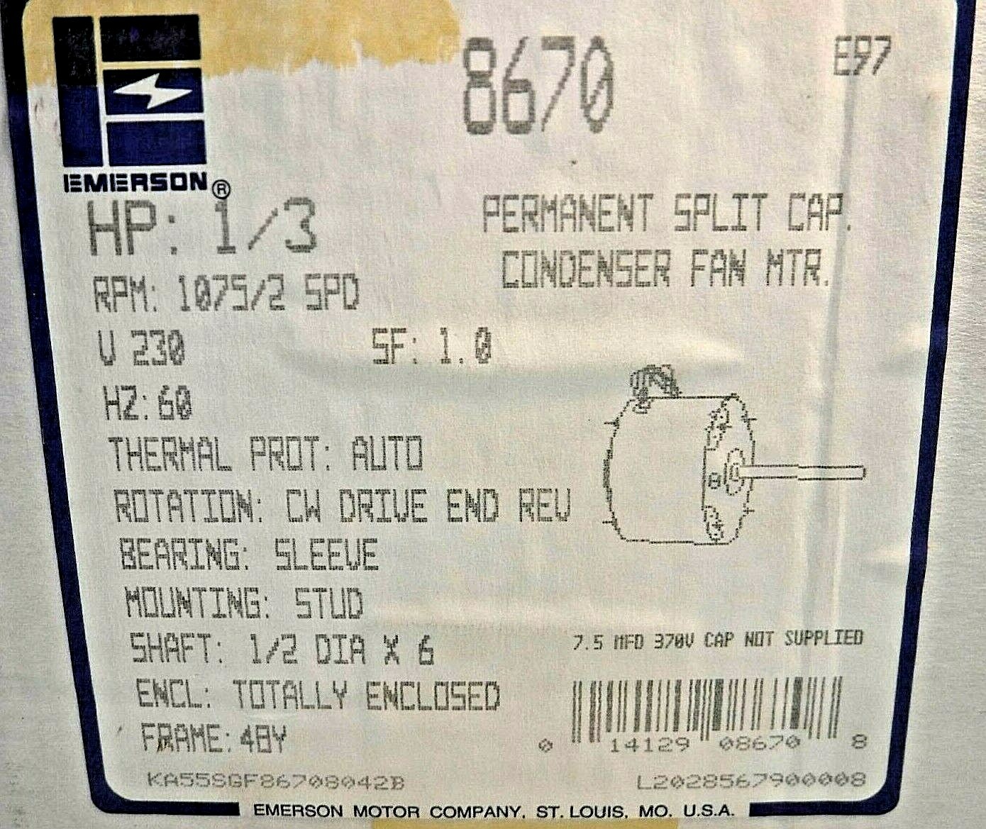 Emerson 8670, KA55HXSGF-8670 Permanent Split Capacitance Condenser Fan Motor