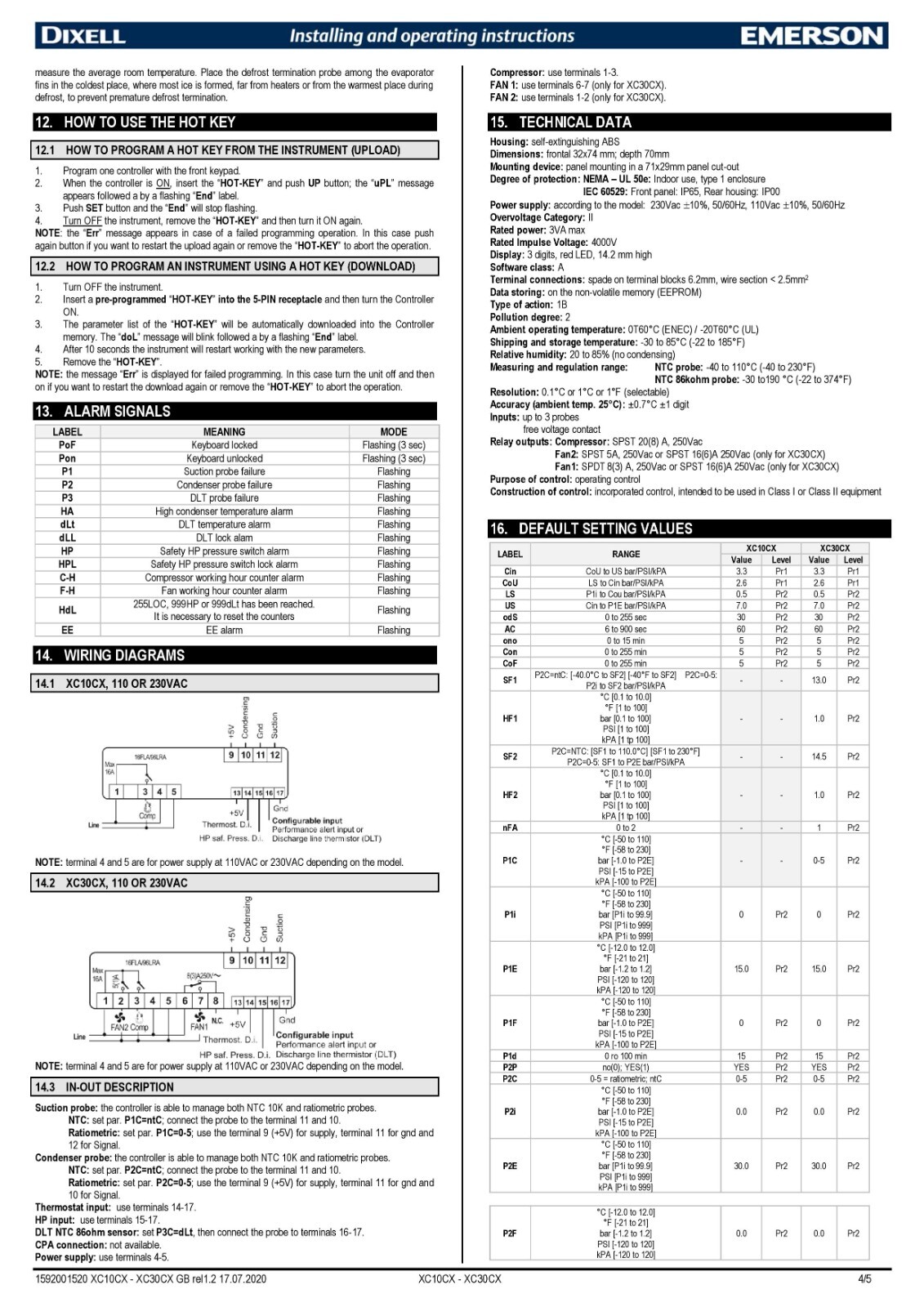 Dixell XC10CX-4P01G Emerson refrigeration control XC10CX 4P01G v7.3d