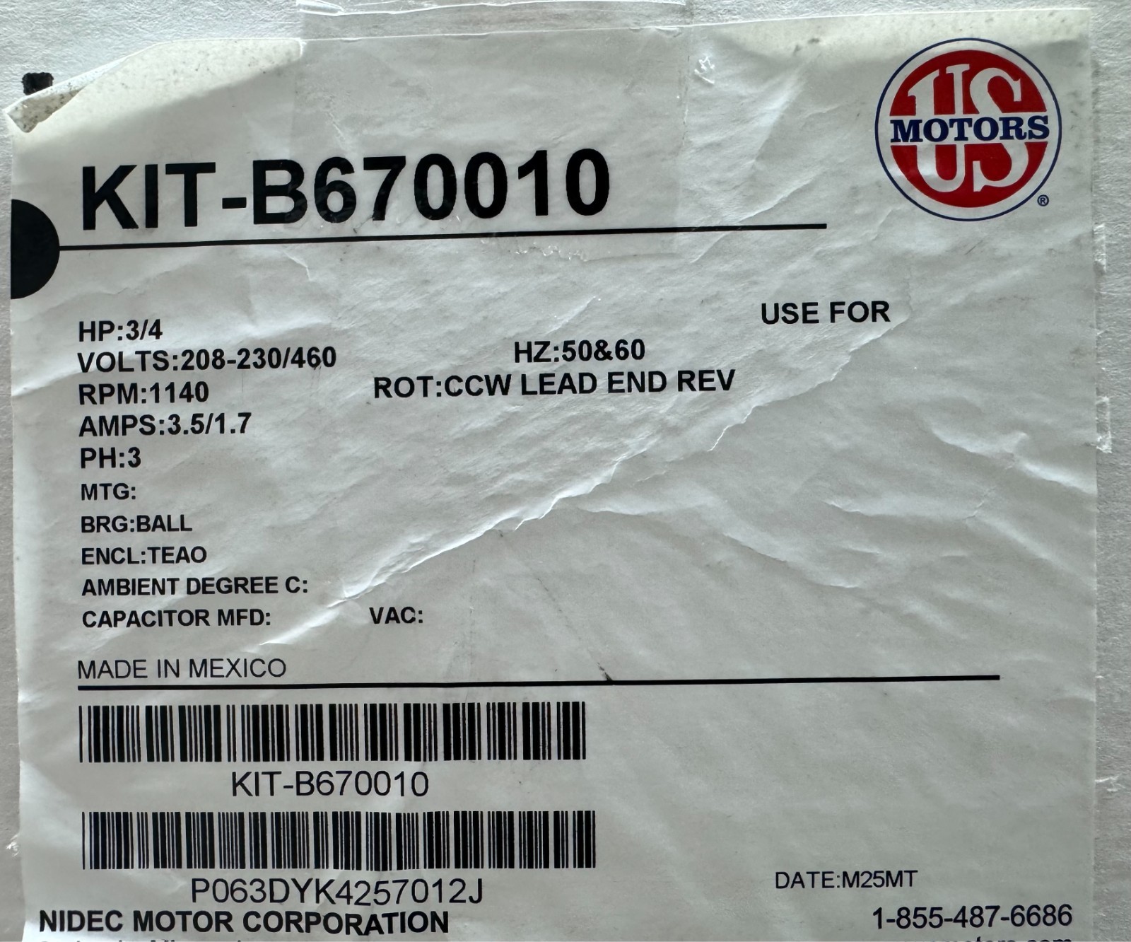 Liebert KIT-B670010 3/4 HP 3 Phase Condenser Fan Motor B67-0010 208-230/460V