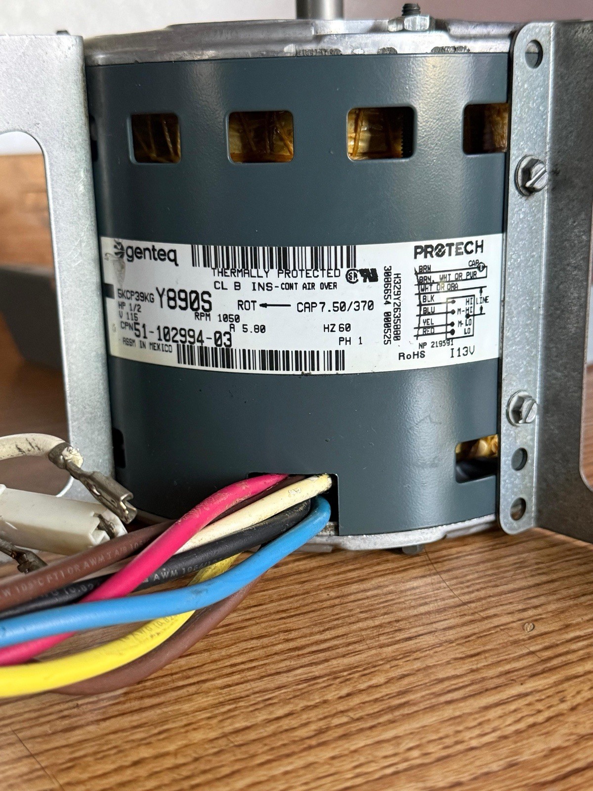 Genteq PROTECH Y890S Blower Motor 115V 5.00A 1 Phase Thermally Prot