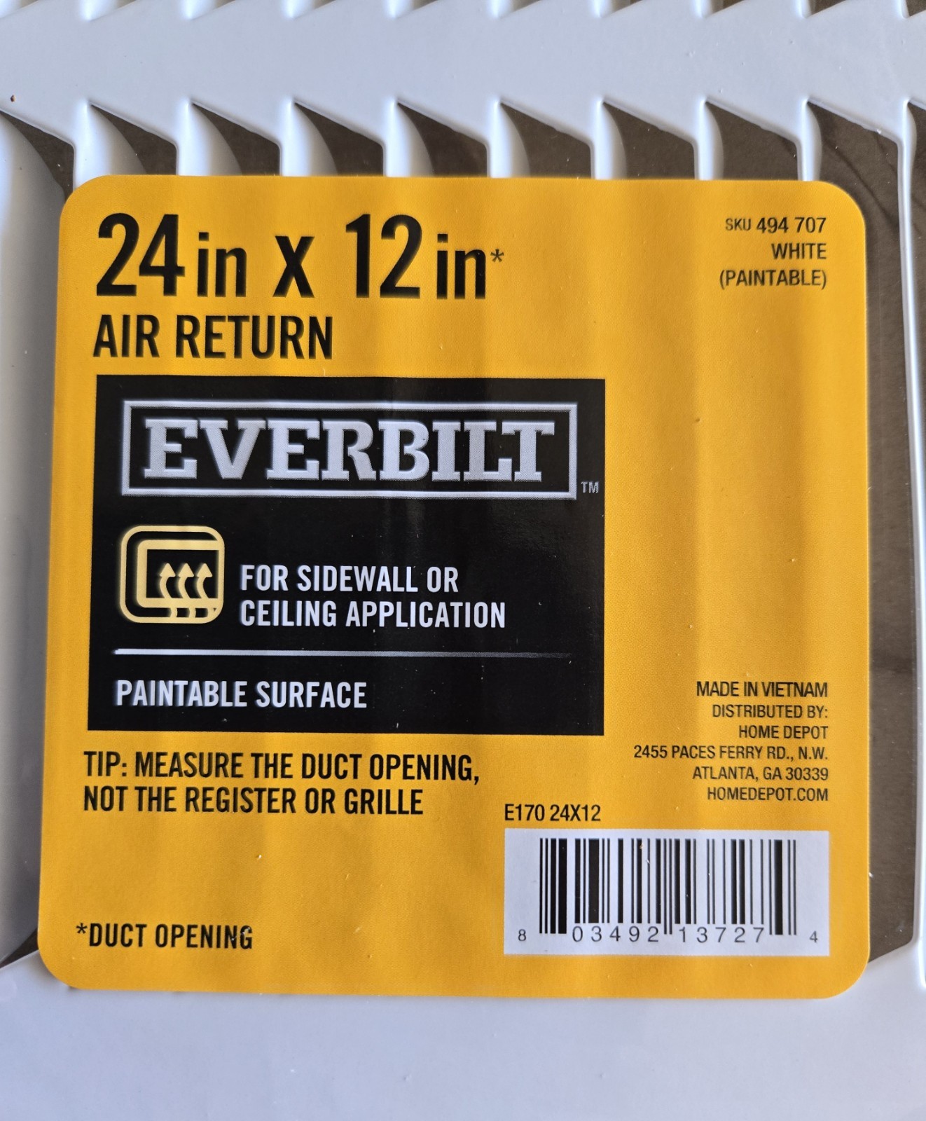 24 in. x 12 in. Steel Return Air Filter Grille Vent White Everbilt E17024X12 NEW