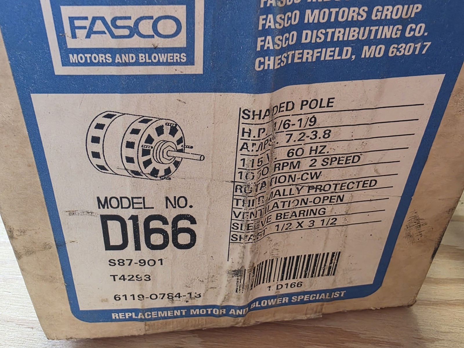 NEW Fasco D166 Blower Motor 1/6-1/9 HP 115V 1050 RPM 2-Speed Shaded Pole NOS￼