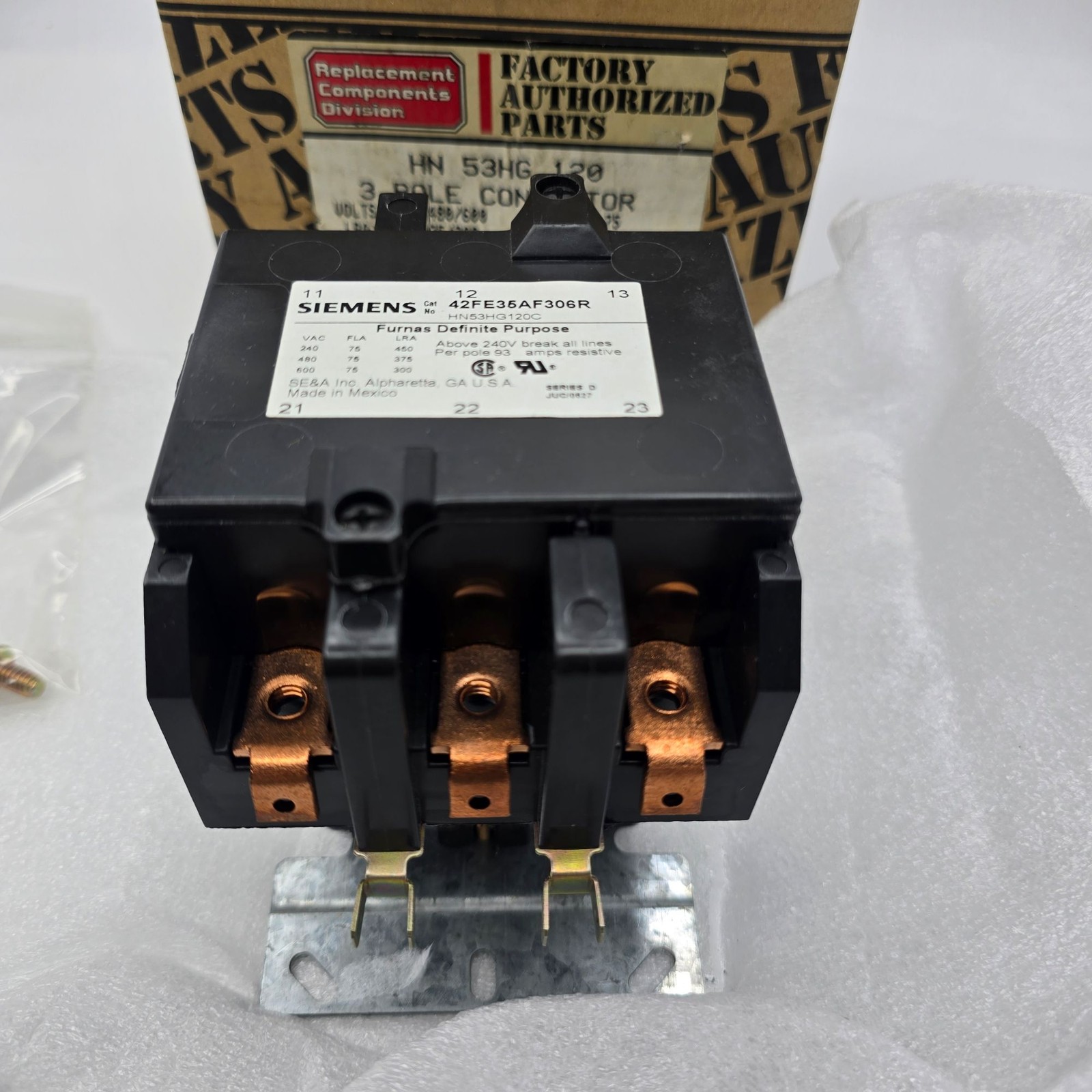 Carrier HN53HG120 3 Pole Contactor 120V Coil 75 FLA 240/480/600V