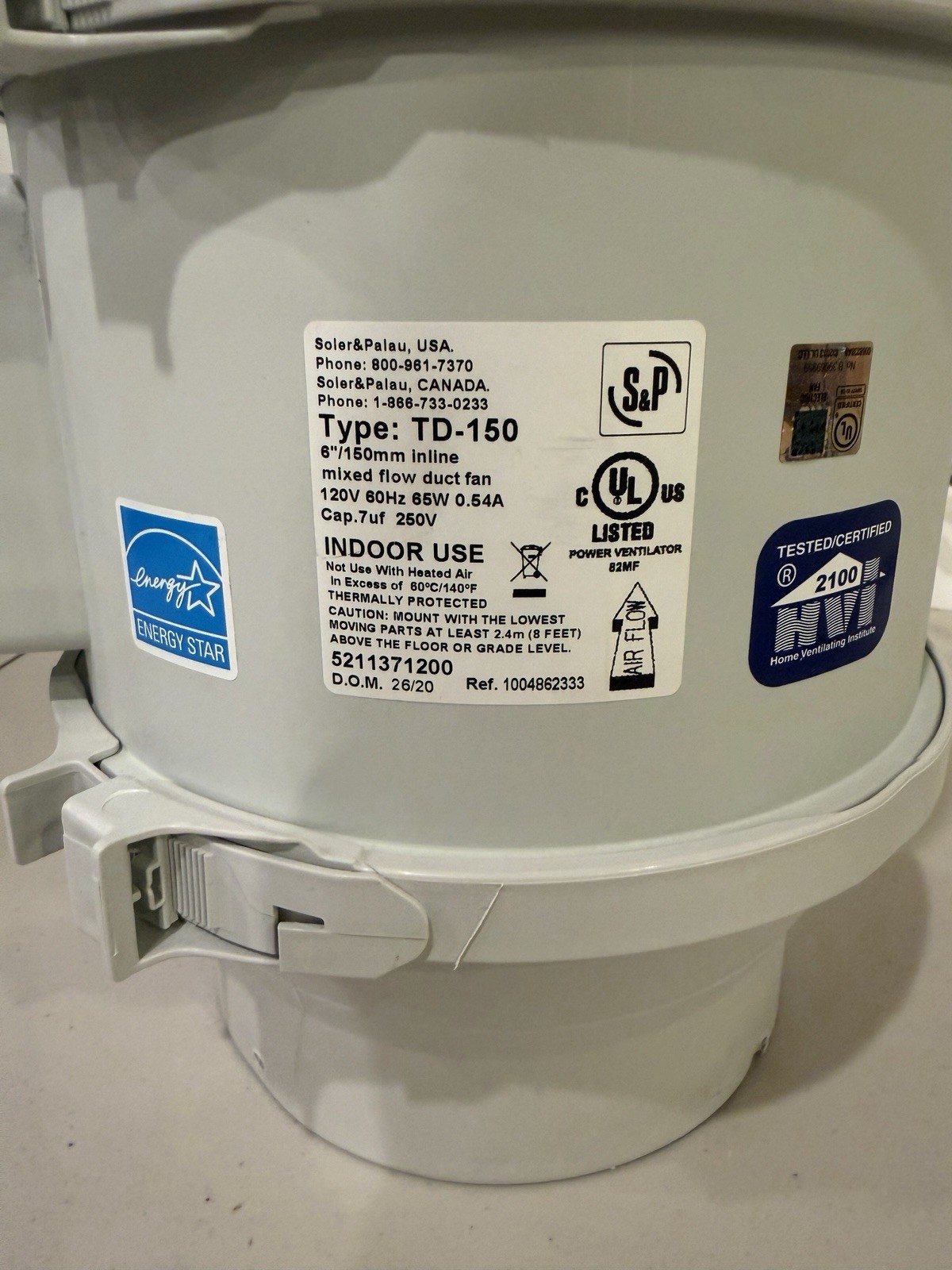 Soler & Palau Kit-Td150 Mixed Flow Duct Fan, 6 In. Dia.