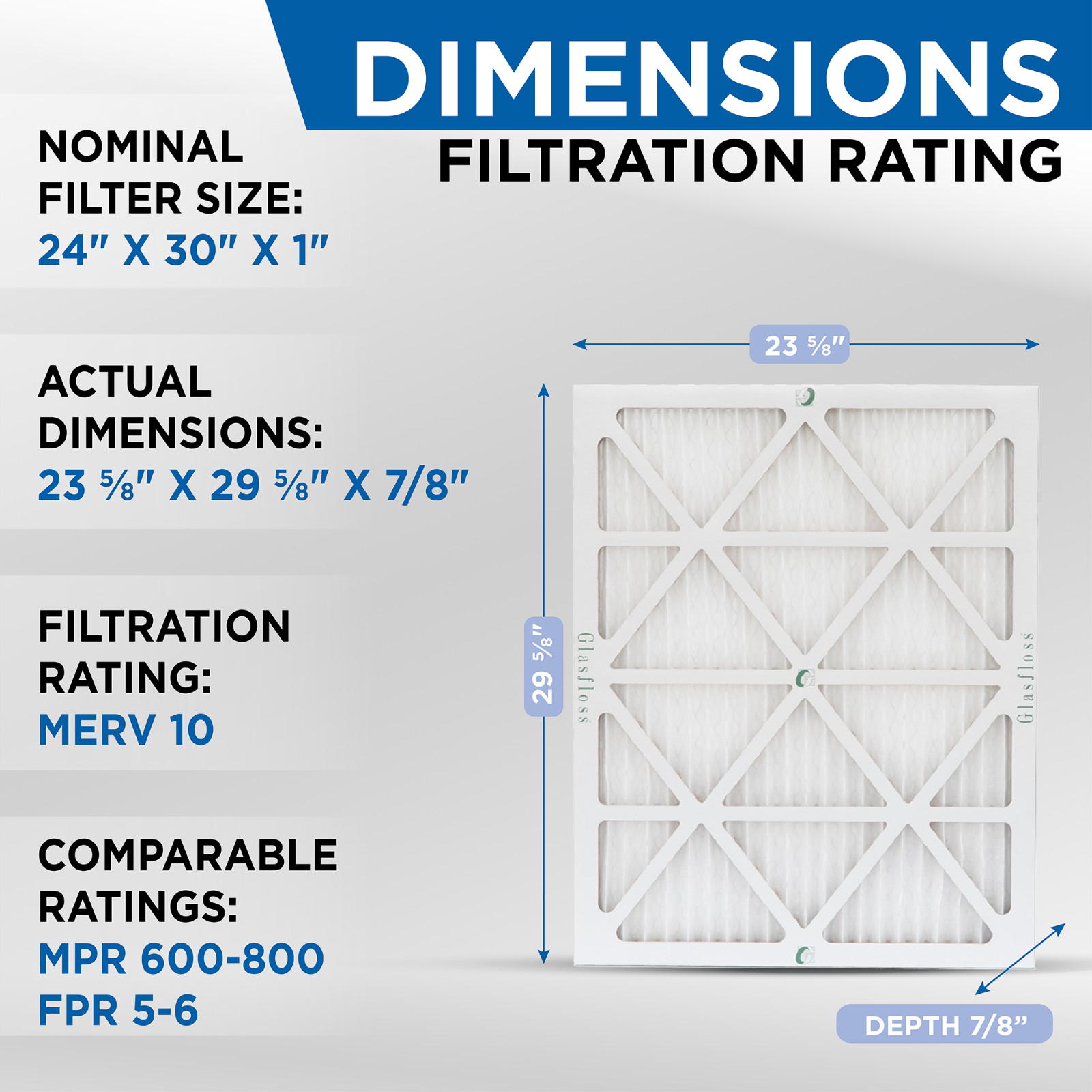 24x30x1 MERV 10 Pleated Air Filters. 12 PACK. Actual Size: 23-5/8 x 29-5/8 x 7/8