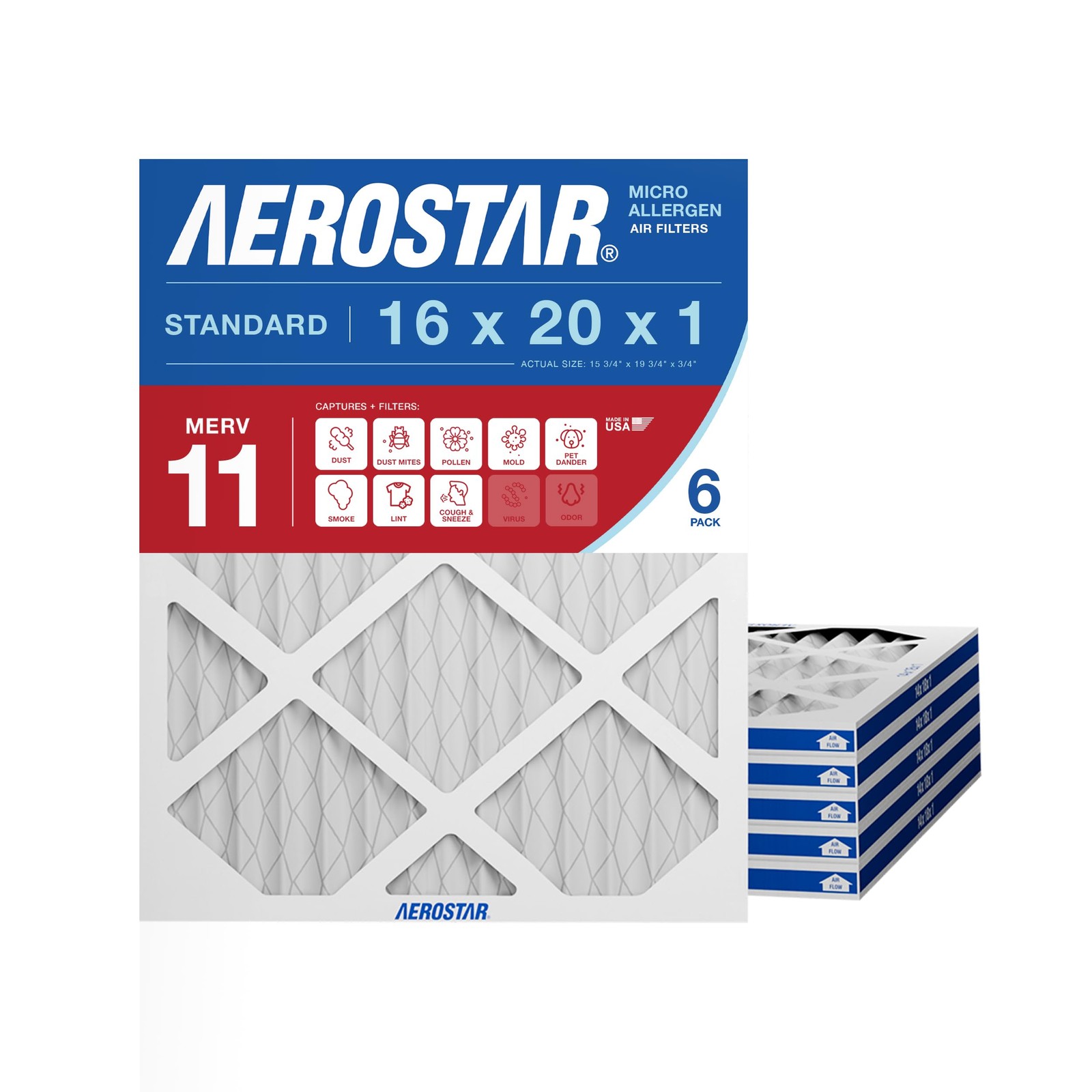 Aerostar 16x20x1 MERV 11 Air Filter, 6 Count, ACTUAL SIZE 6 PACK, 11