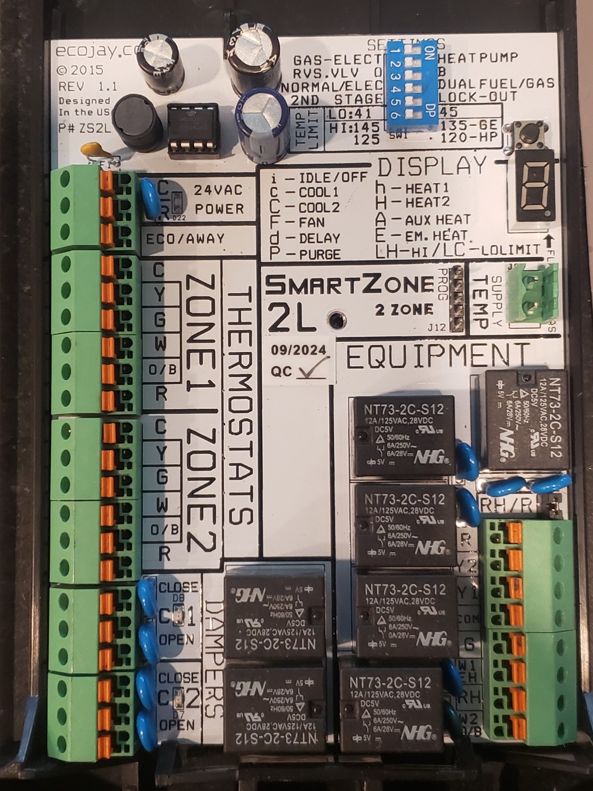 ECOJAY SmartZone 2L Universal 2-Zone Control Panel 24V 12A HVAC Board ZS2L