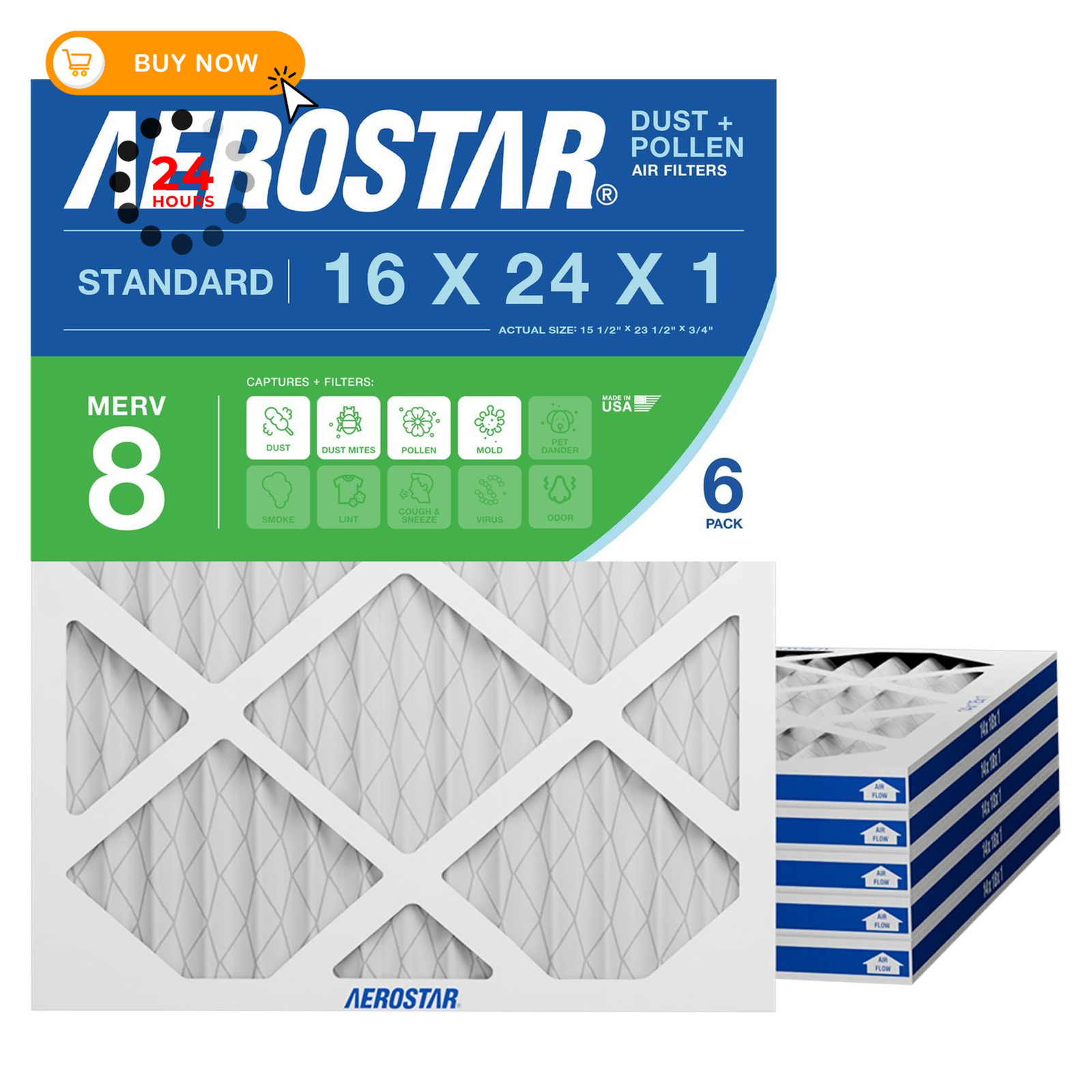 Aerostar 16x24x1 MERV 8 Air Filter, 6 Count, ACTUAL SIZE (15.75 6 PACK, White