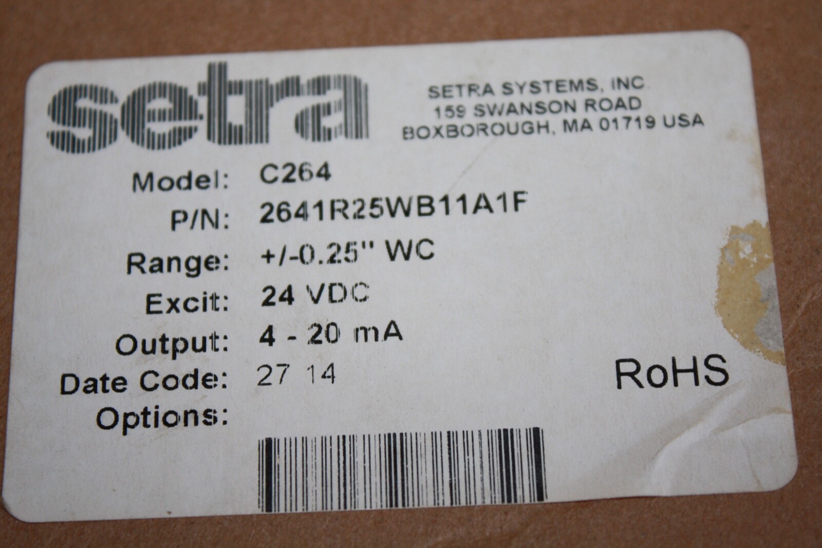 SETRA 2641R25WB11A1F DIFFERENTIAL PRESSURE TRANSMITTER 264 SERIES