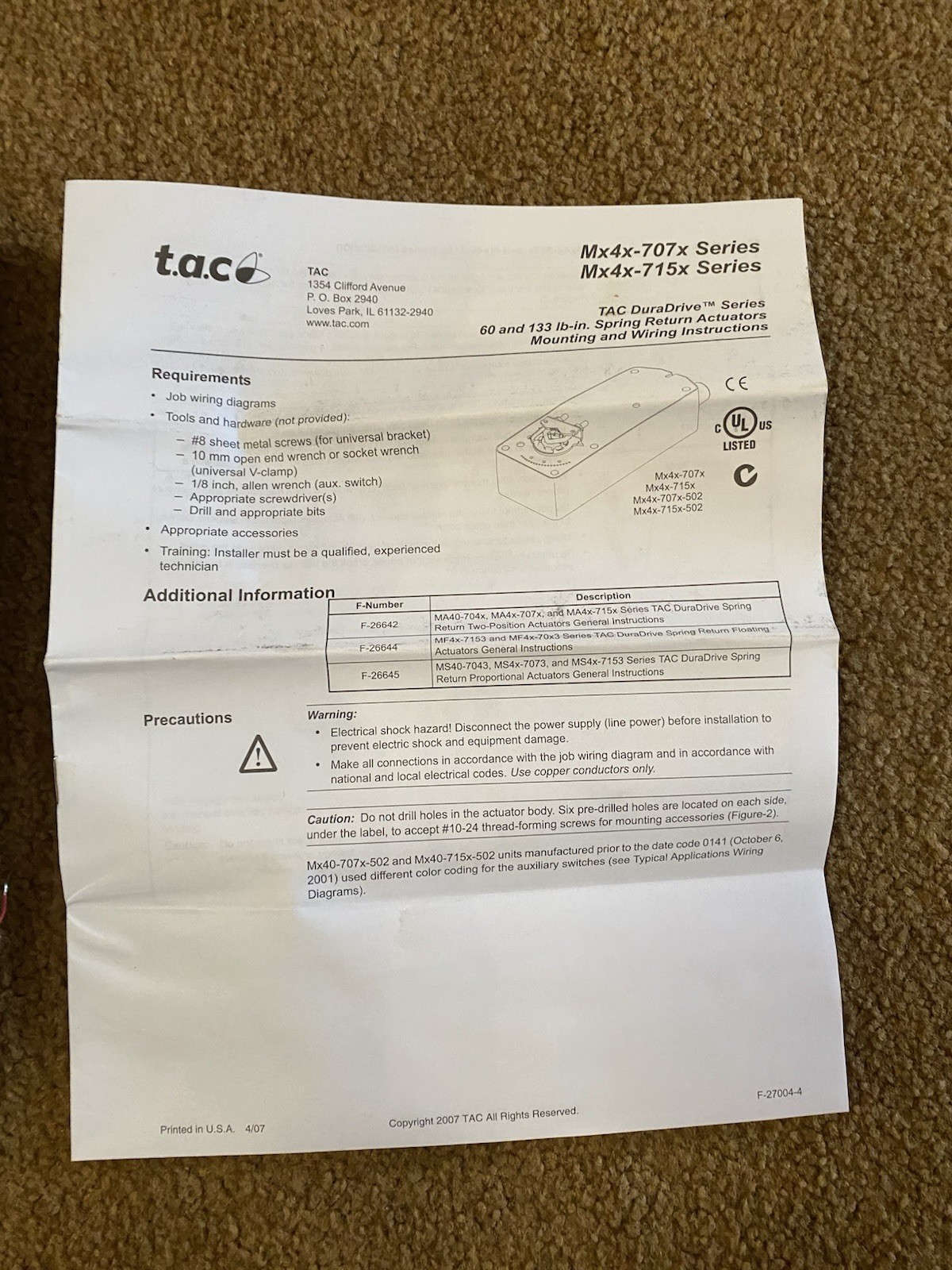 TAC MS-7073 Proportional Actuator 24VAC/DC 60 IN-LB Spring Return.