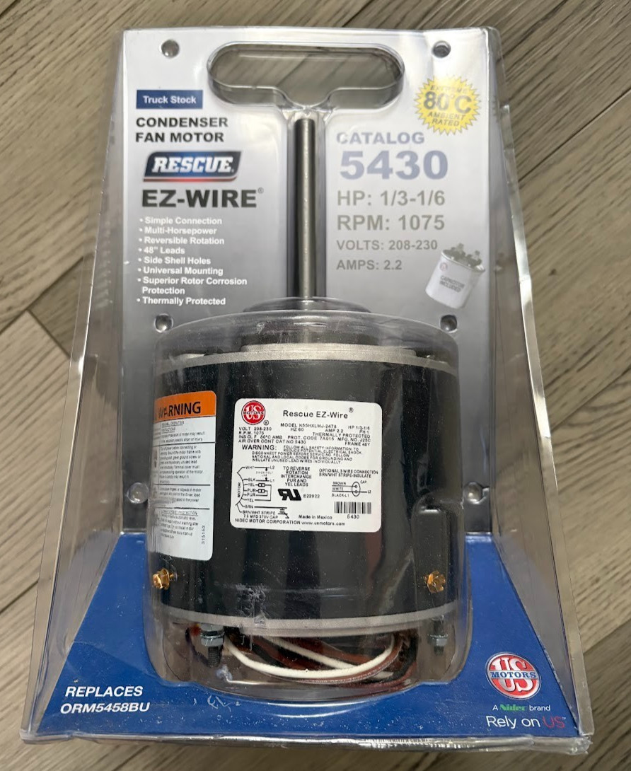 US Motors 5430 Rescue EZ-Wire Condenser Fan Motor HP: 1/3-1/6 RPM: 1075 208-230V