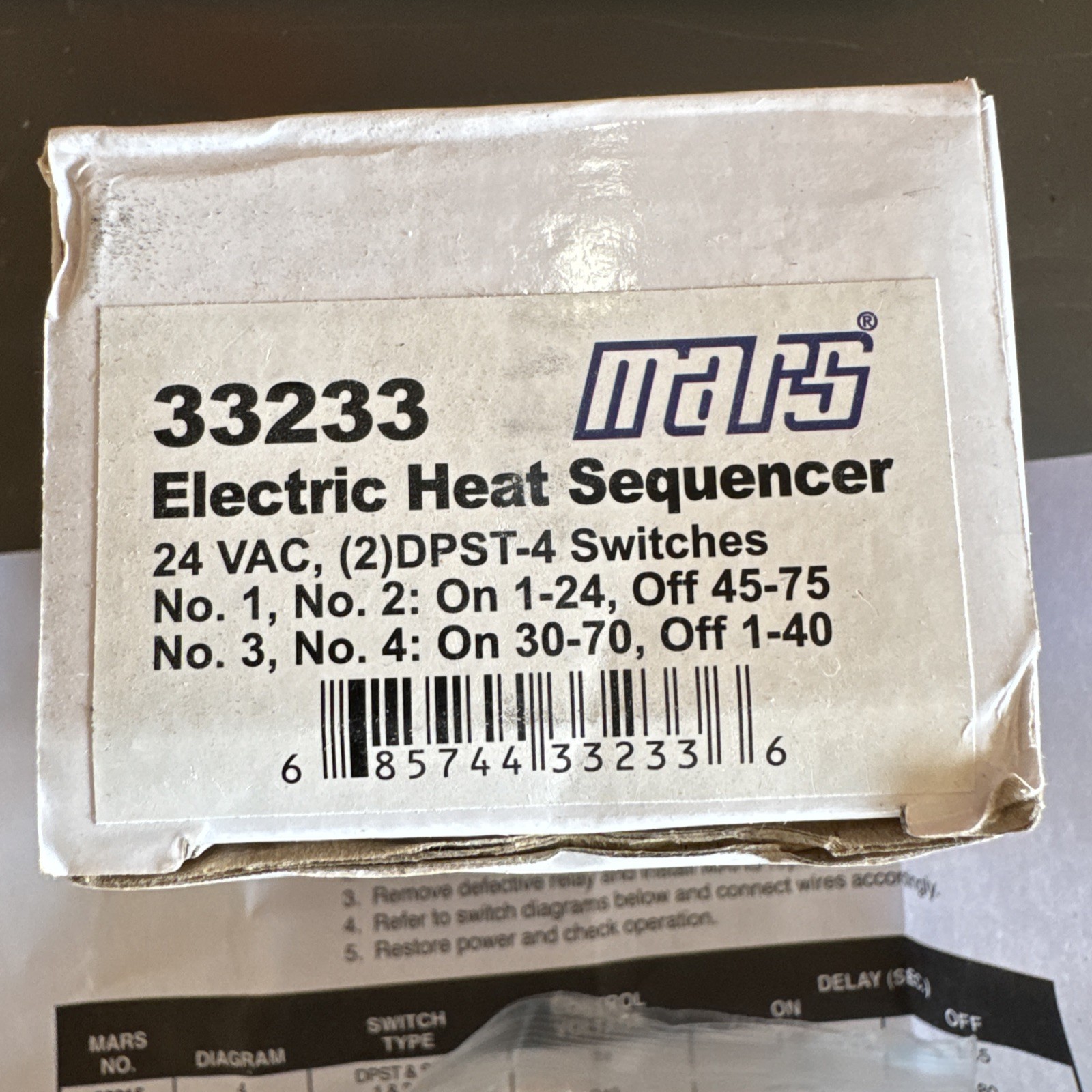 MARS 33233 Electric Heat Sequencer 24VAC (2)DPST-4 Switches