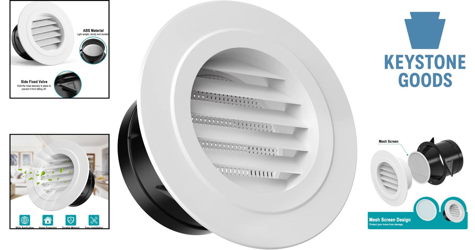 4-Inch White ABS Soffit Vent with Screen Mesh, Exhaust and HVAC Vent Cover