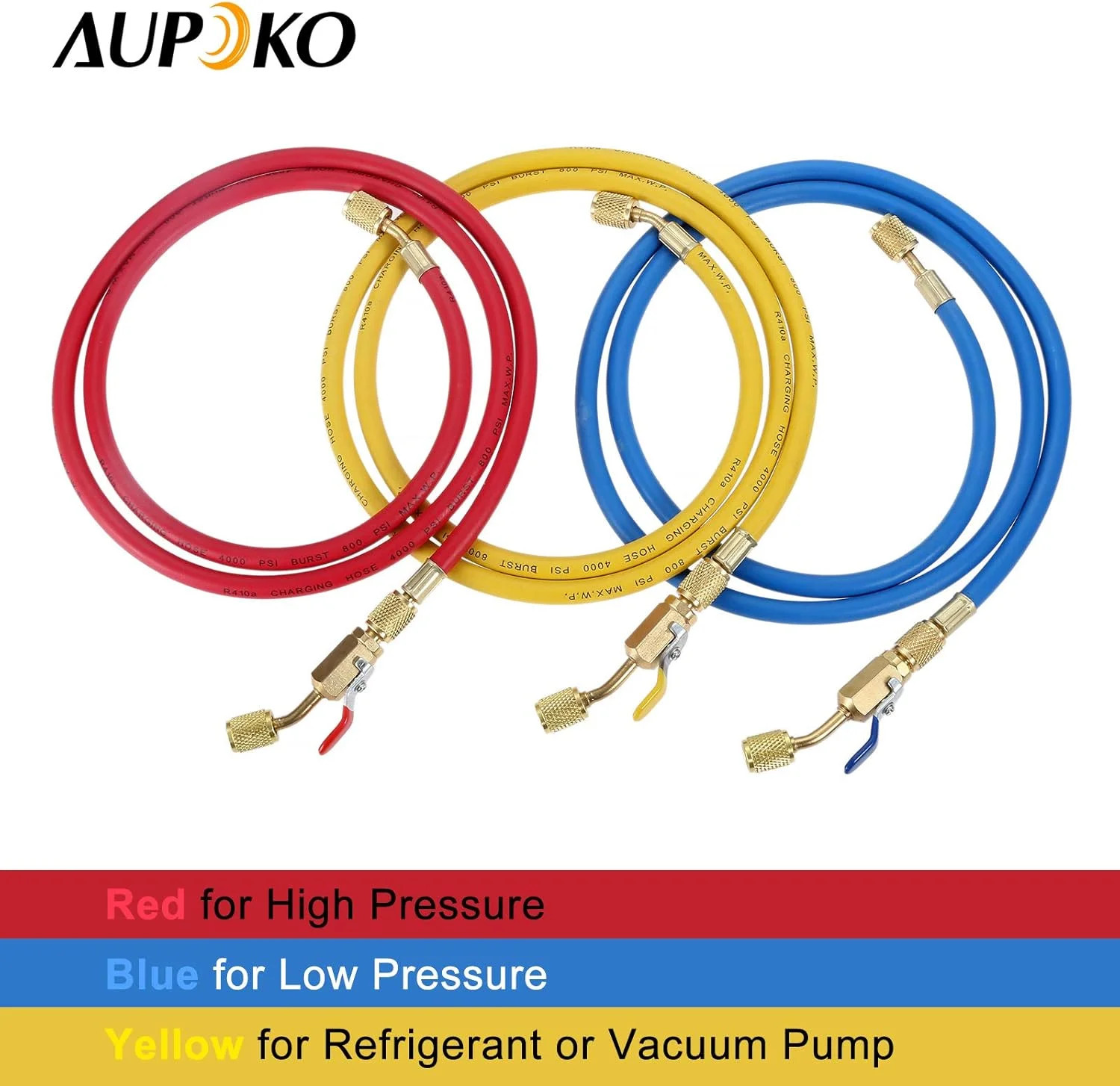 Aupoko AC Refrigerant Charging Hose with Ball Valve, 3-Color 60″ R410A HVAC Hose