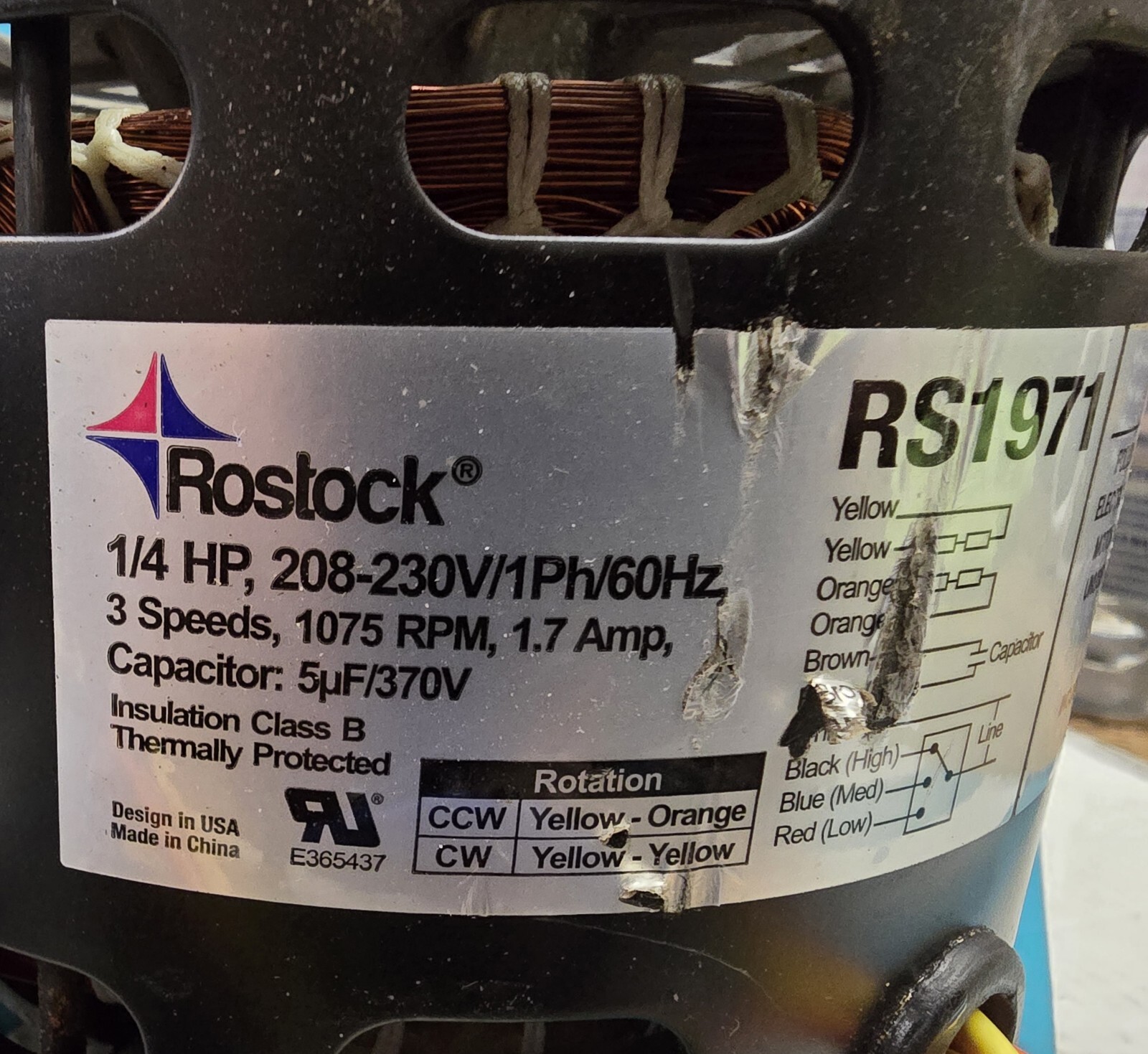 ROSTOCK(US Motors) RS 1971 Direct Drive Blower Motor 208-230V 1/4 HP 1075 RPM