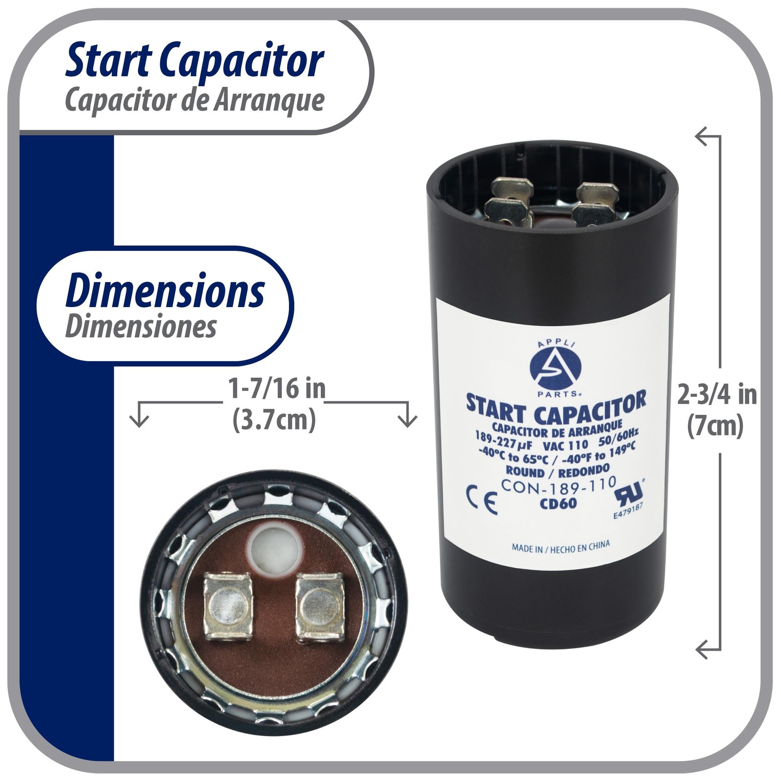 Appli Parts motor start capacitor 189-227 Mfd (microfarads) uF 110-125 VAC unive