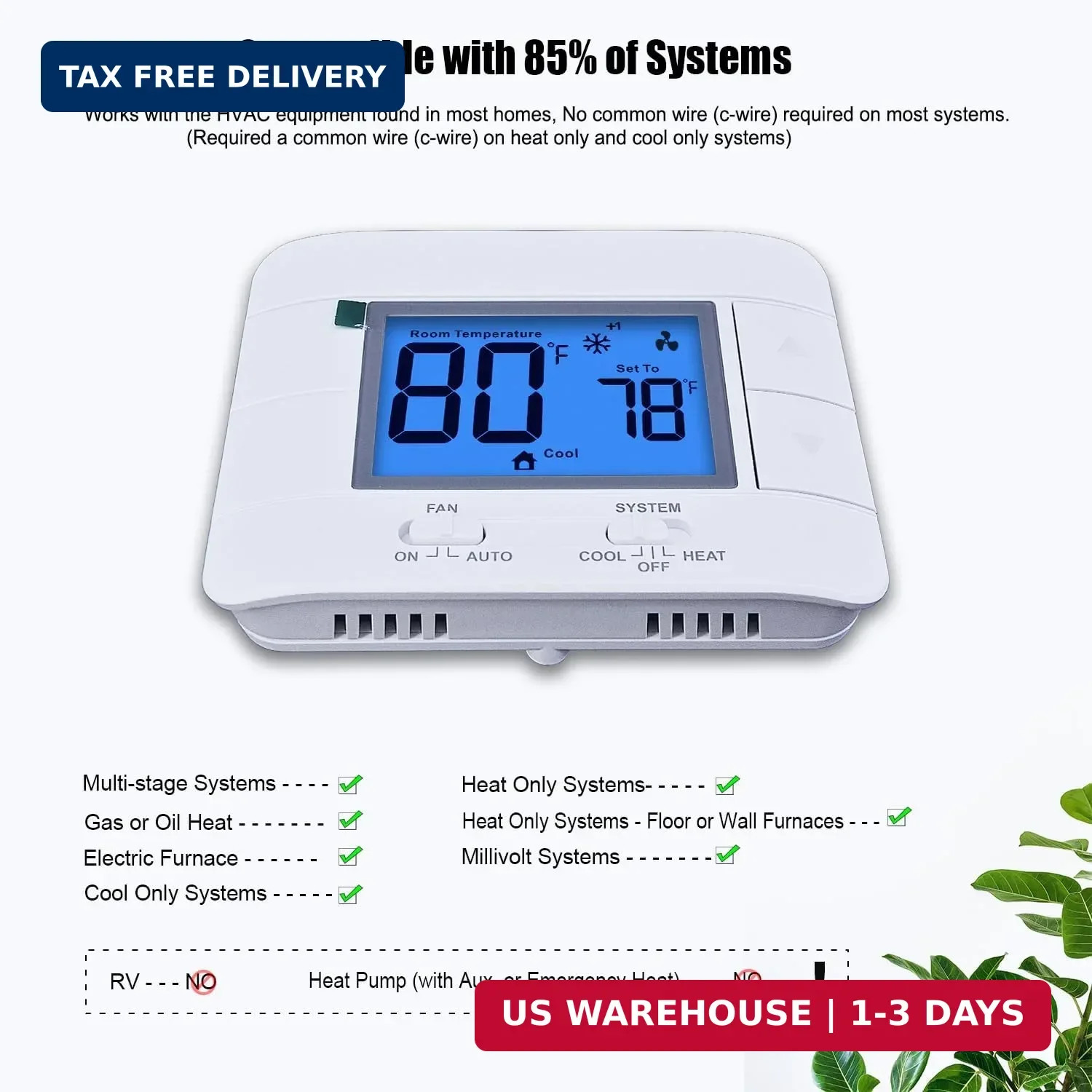 Non Programmable Thermostat for Home – Multi Stage 2H/2C, with Large LCD Display