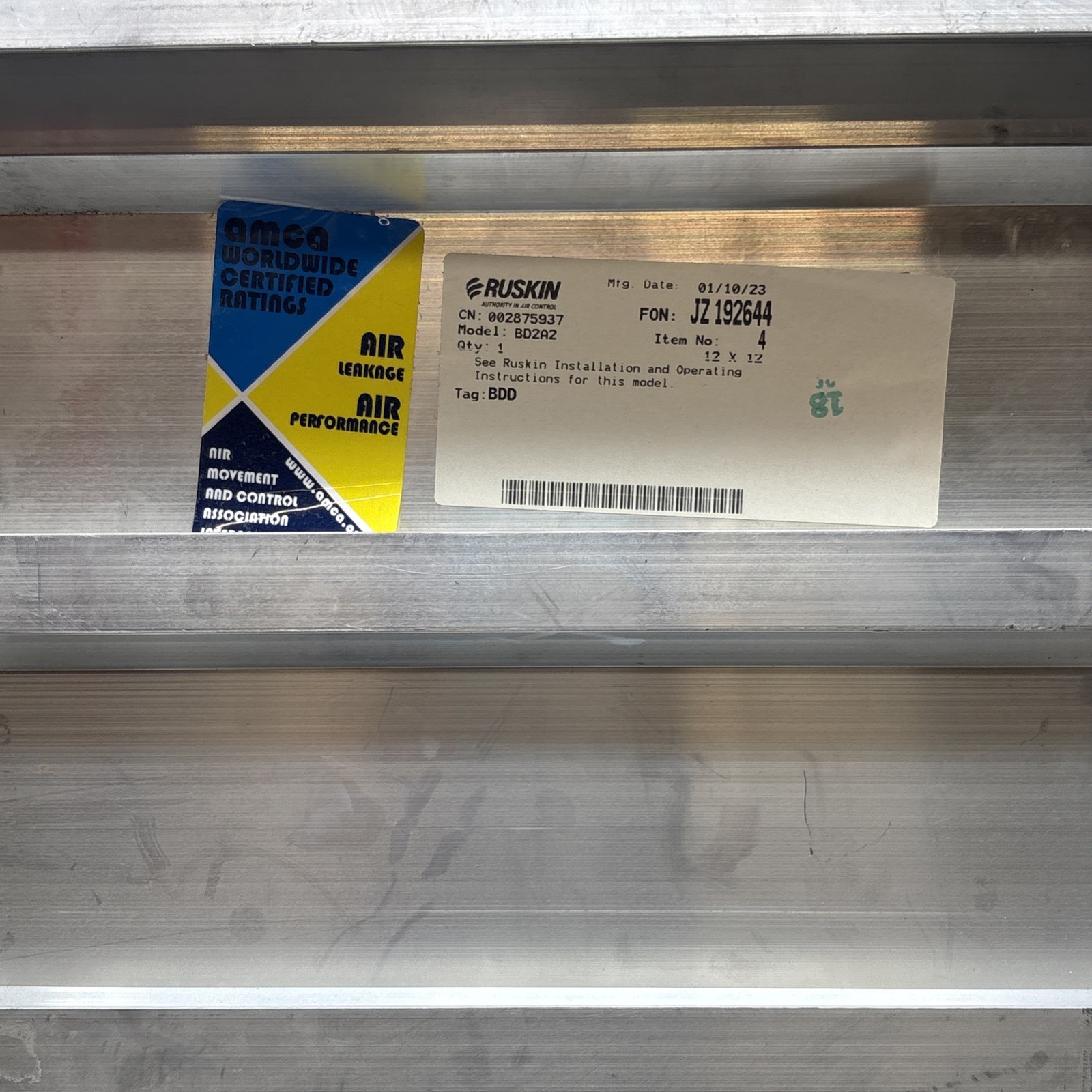 Ruskin Damper BD2A2 12×12 New No Box