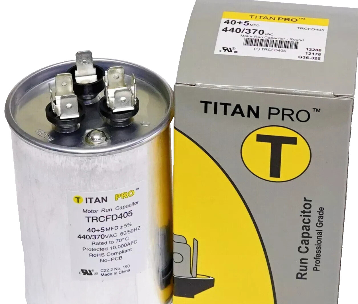 TitanPro TRCFD405 HVAC Round Motor Run Capacitor 40+5 MFD, 440/370Vac