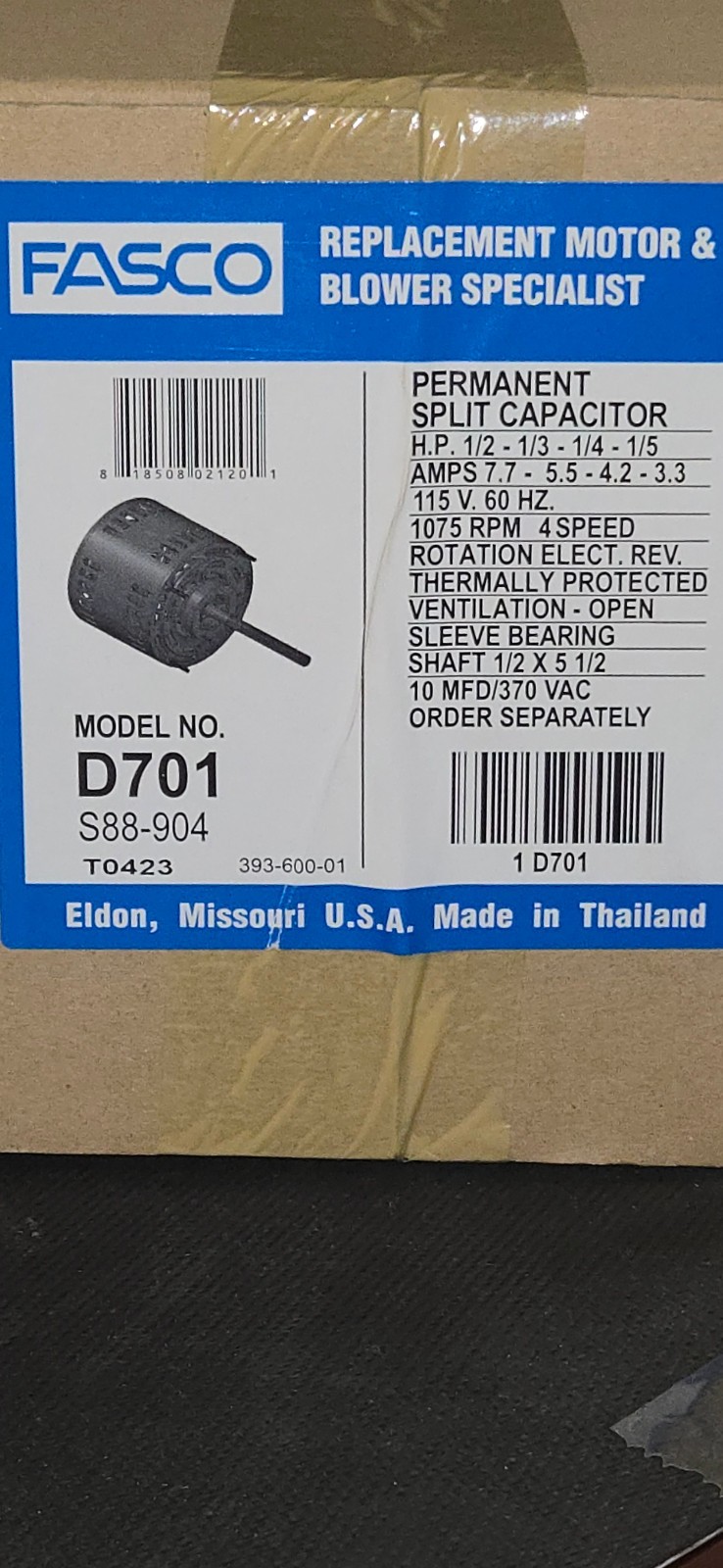FASCO D701 MOTOR, 1/2, 1/3, 1/4, 1/5HP, 1075 RPM, 115V, 1Ph, PSC Motor, Open