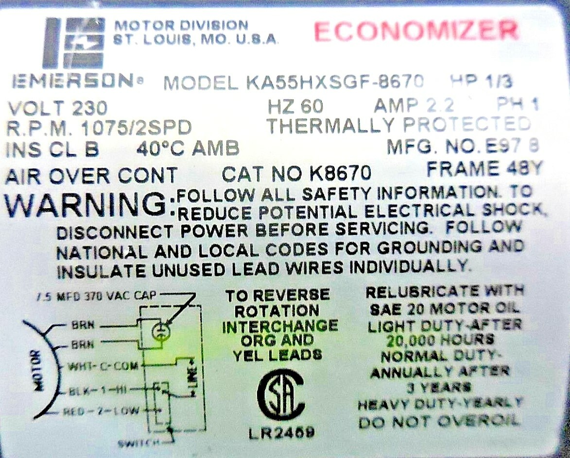 Emerson 8670, KA55HXSGF-8670 Permanent Split Capacitance Condenser Fan Motor