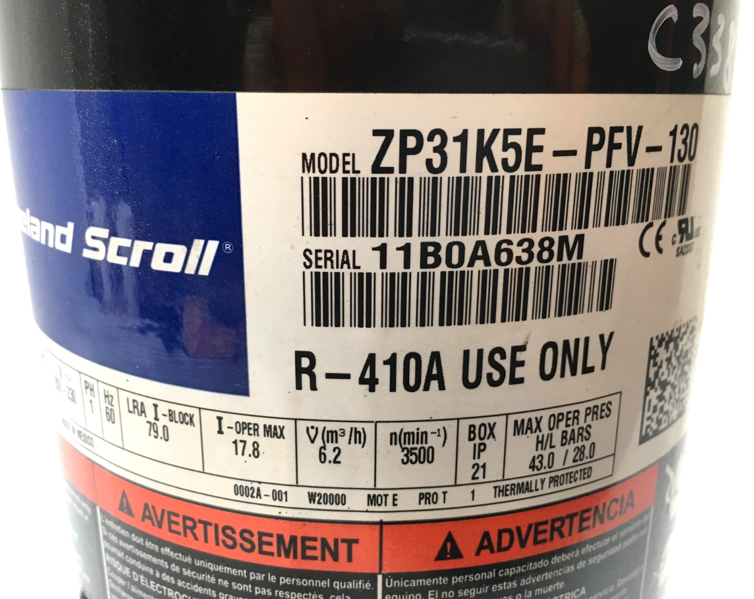 Copeland 2.5 Ton Scroll Compressor ZP31K5E-PFV-130 R410A 208/230V 1 PH used C338