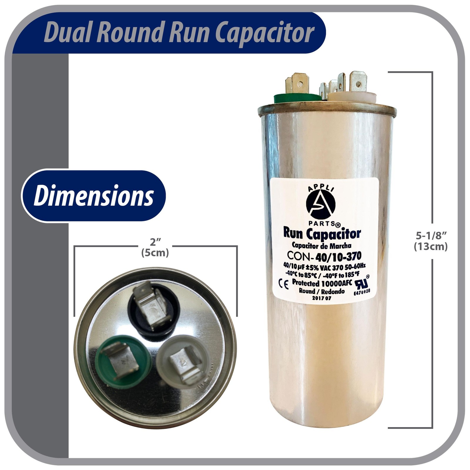 Appli Parts Dual Run Capacitor for ac 40+10 Mfd uF (microfarads) 370VAC CBB65 Ro