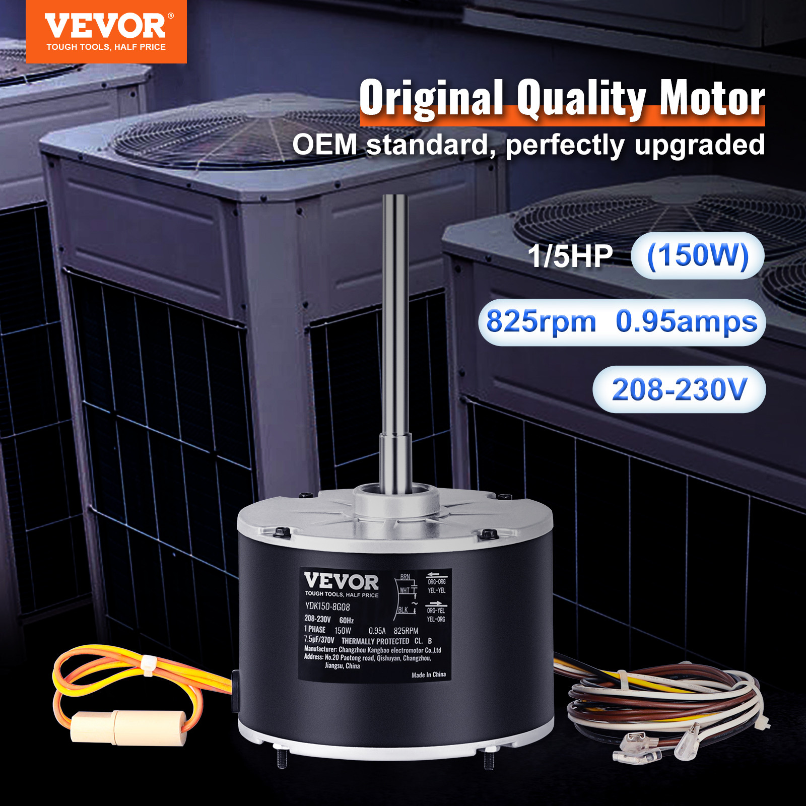 VEVOR Condenser Fan Motor 1/5HP 825RPM 0.95A 208-230V 5KCP39GFS166S 3S003