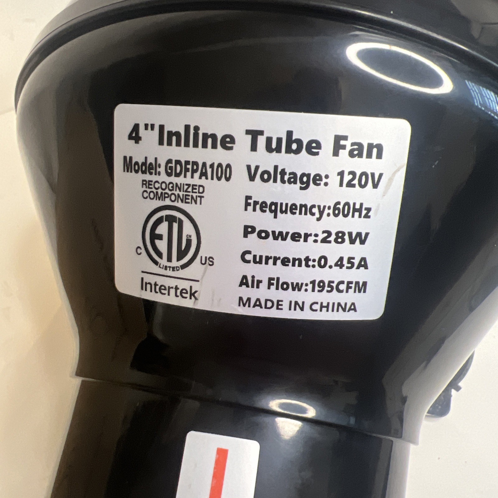 Intertek 4″ Inline Tube Fan 120v Speed 2500rpm Current 0.45A 60Hz Tested 28w