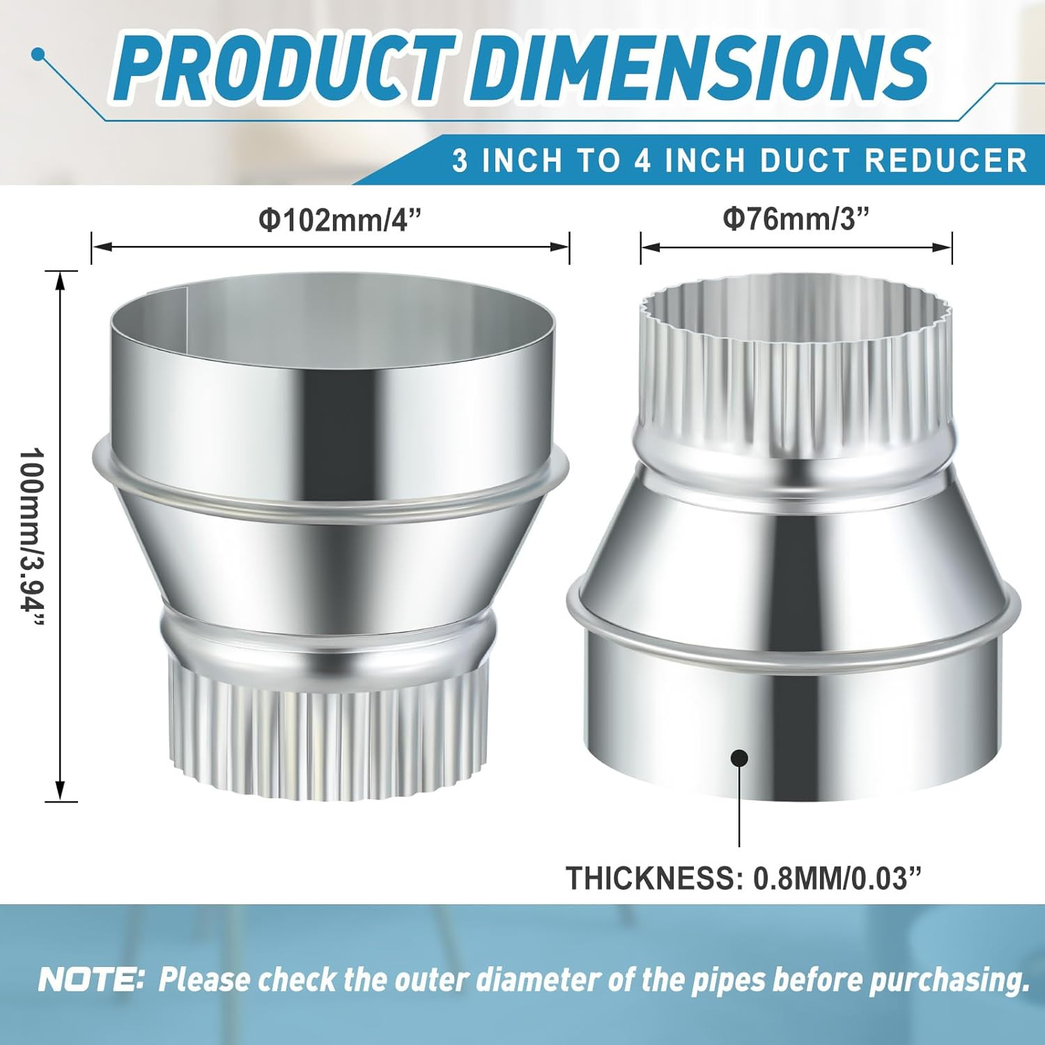 4 Inch to 3 Inch Duct Reducer Increaser Galvanized Steel Air Duct Adapter round