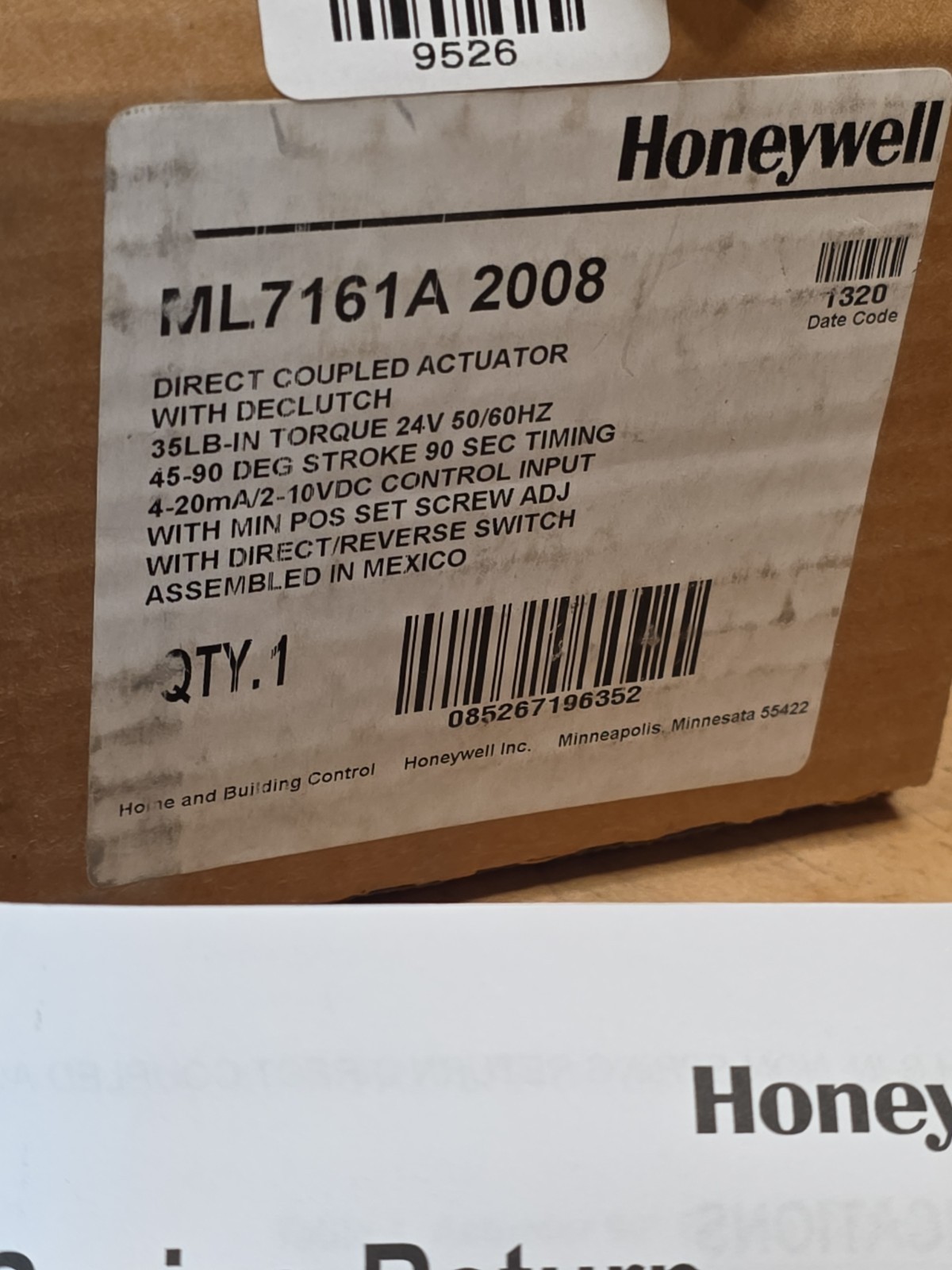 Honeywell ML7164A 2001 Direct Coupled Actuator With Declutch, 24V, 50/60HZ