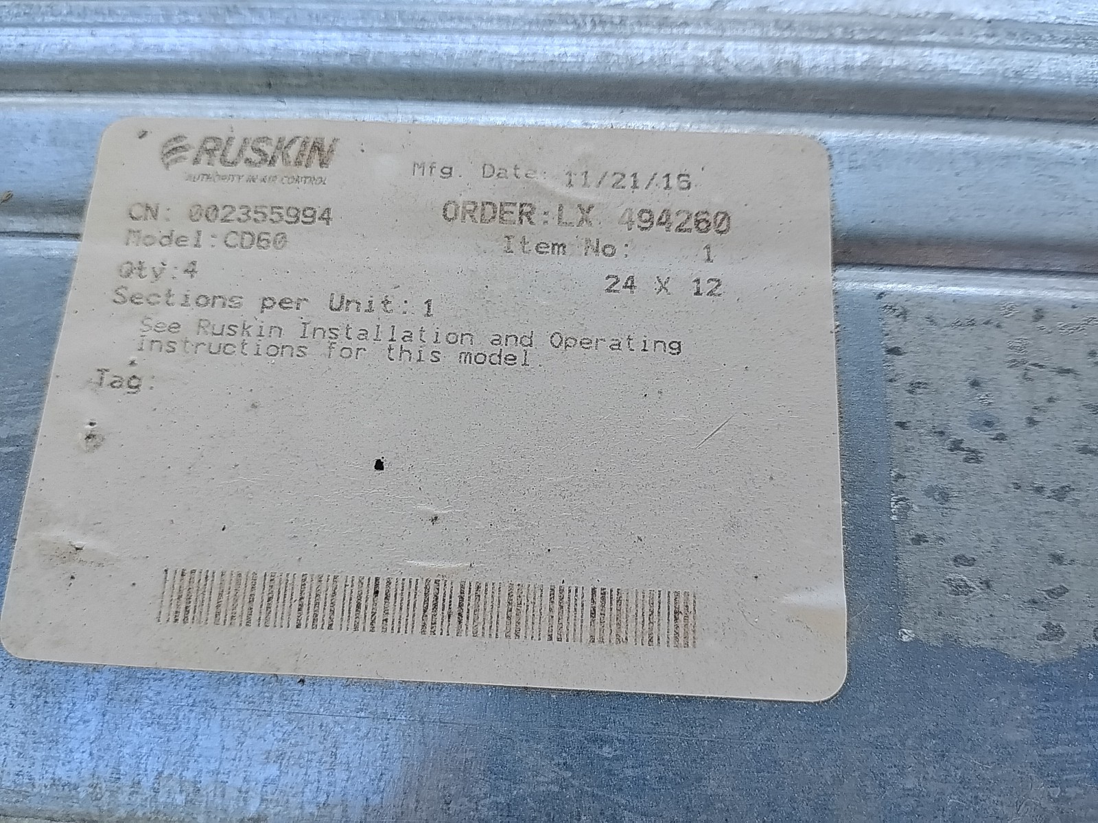 Ruskin CD60 Louver Damper 20″L x 10″H x 5″W Galvanized Steel Build