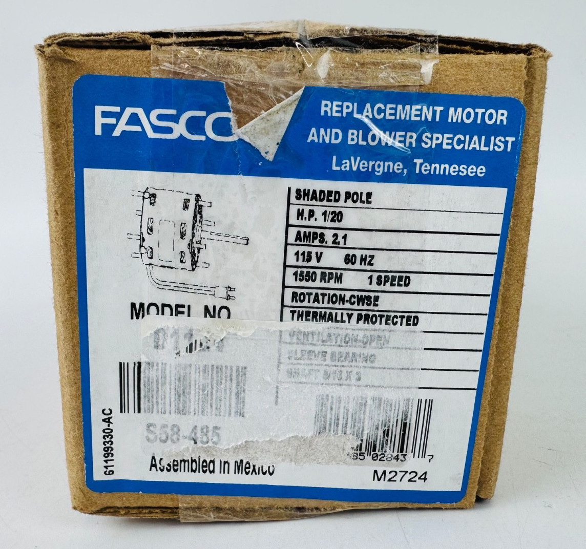 Fasco D1124 Hvac Motor, Oao, 1/20 Hp, 1550 Rpm, Sleeve. 5/16” X3” Shaft 115W