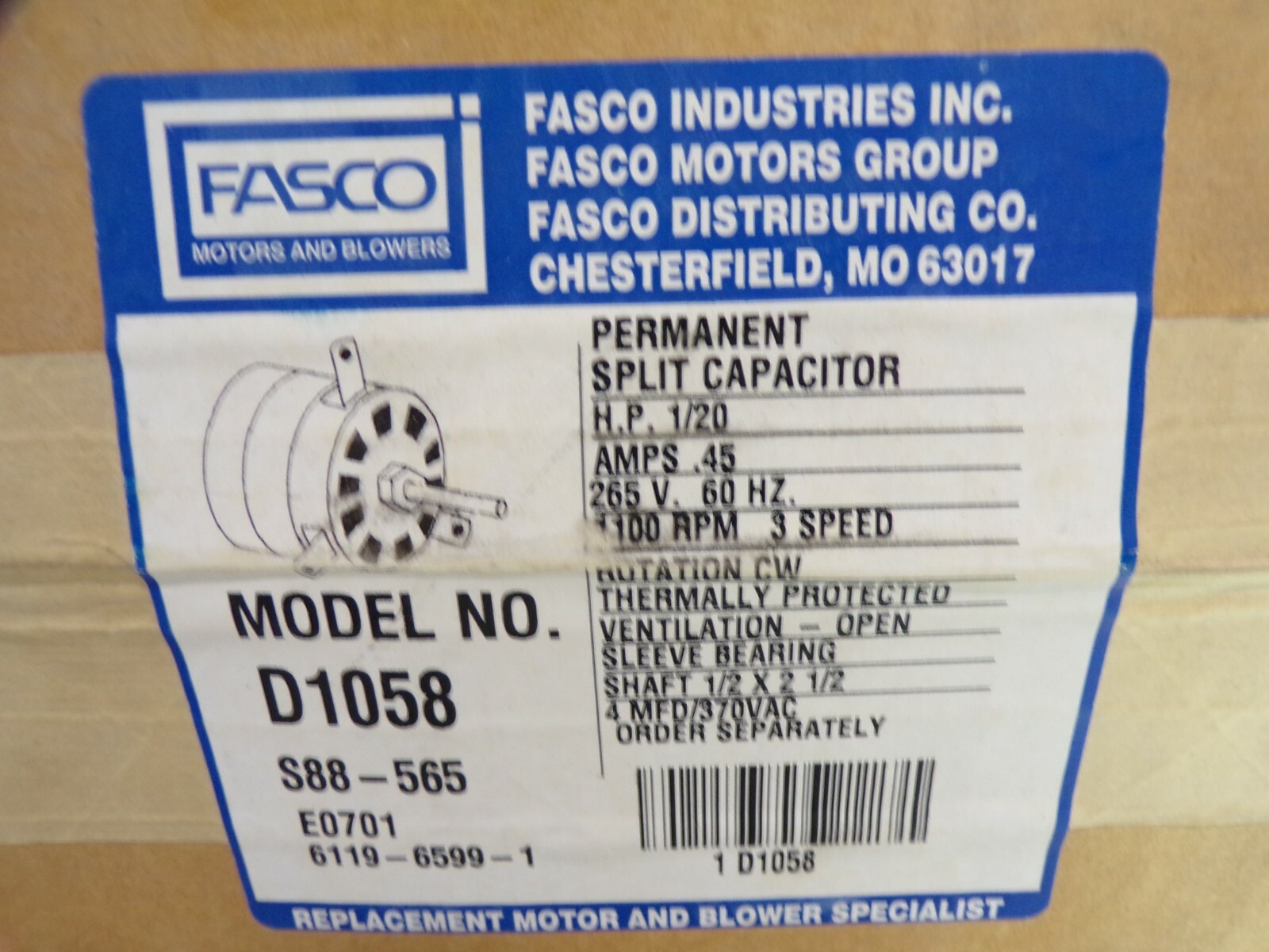 NEW FASCO 1/20 HP FAN/BLOWER MOTOR 265 VAC 1100 RPM 3 SPEED D1058