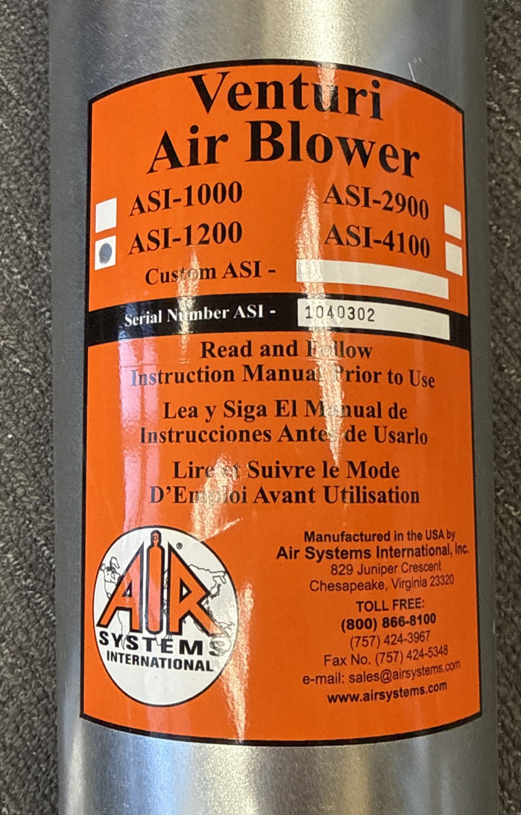 Air Systems International ASI-1200 Venturi Pneumatic Air Blower, 1/2 In NPT
