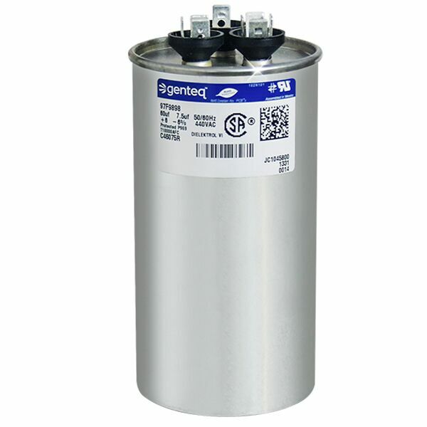 GE / Genteq 60 + 7.5 uf 440 VAC Round Dual Run Capacitor C46075R 97F9898