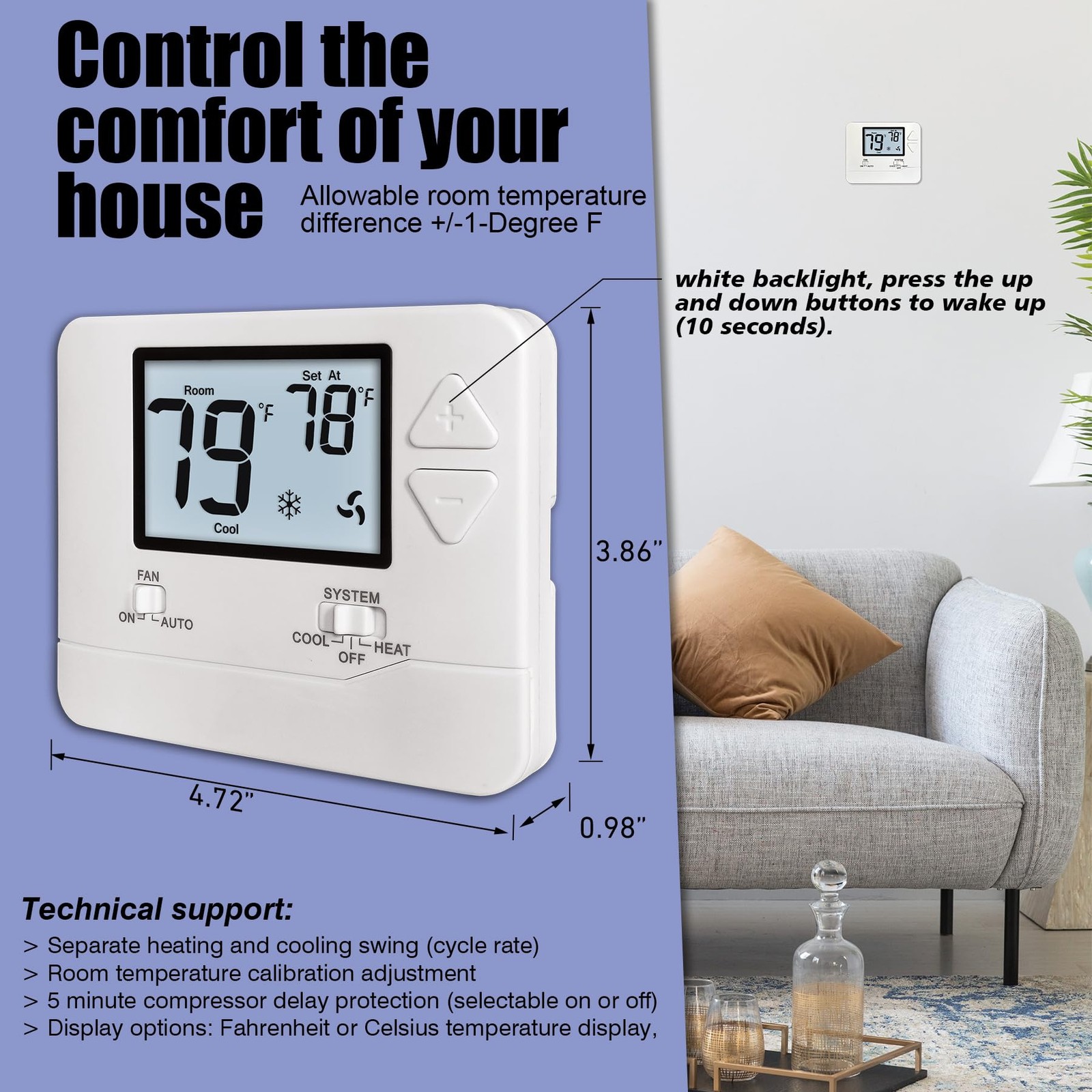 Heagstat Non-Programmable Thermostats for Home Conventional White Backlight