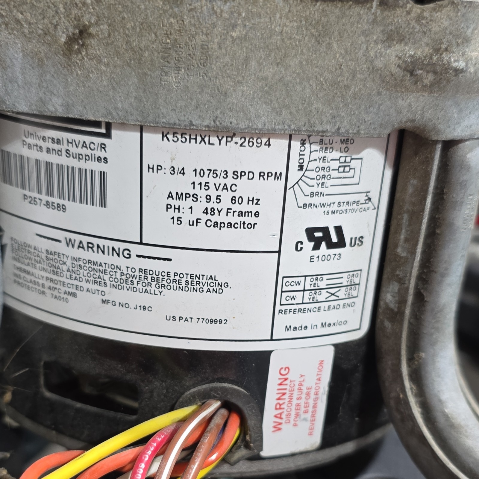 Universal HVAC/R K55HXLYP-2694 Blower Motor 115V 1 Phase 9.5A Steel