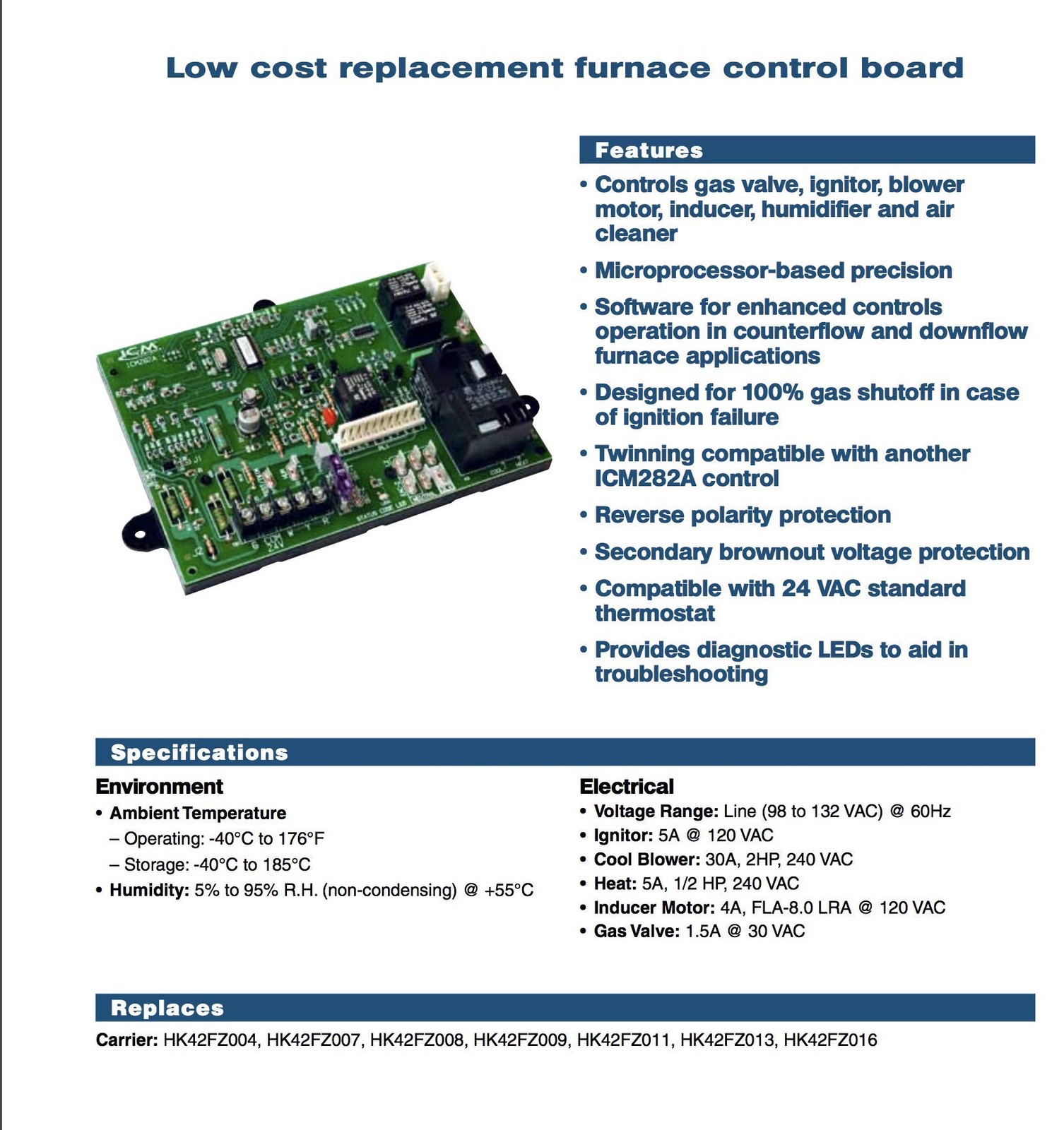 ICM Controls ICM282A OEM Replacement, Carrier HK42FZ004, HK42FZ007, HK42FZ008.