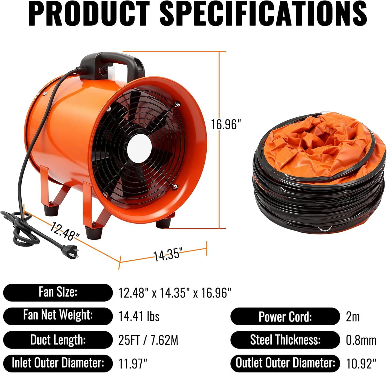 12-Inch Utility Blower Fan with 25Ft Duct – 3300 RPM High Airflow, Low-Noise 69D