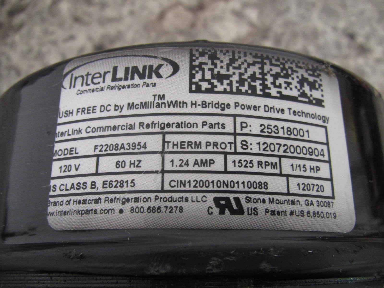 Interlink / Heatcraft F2208A3954 / 25318001 1/15HP 120V Refrigeration Fan Motor