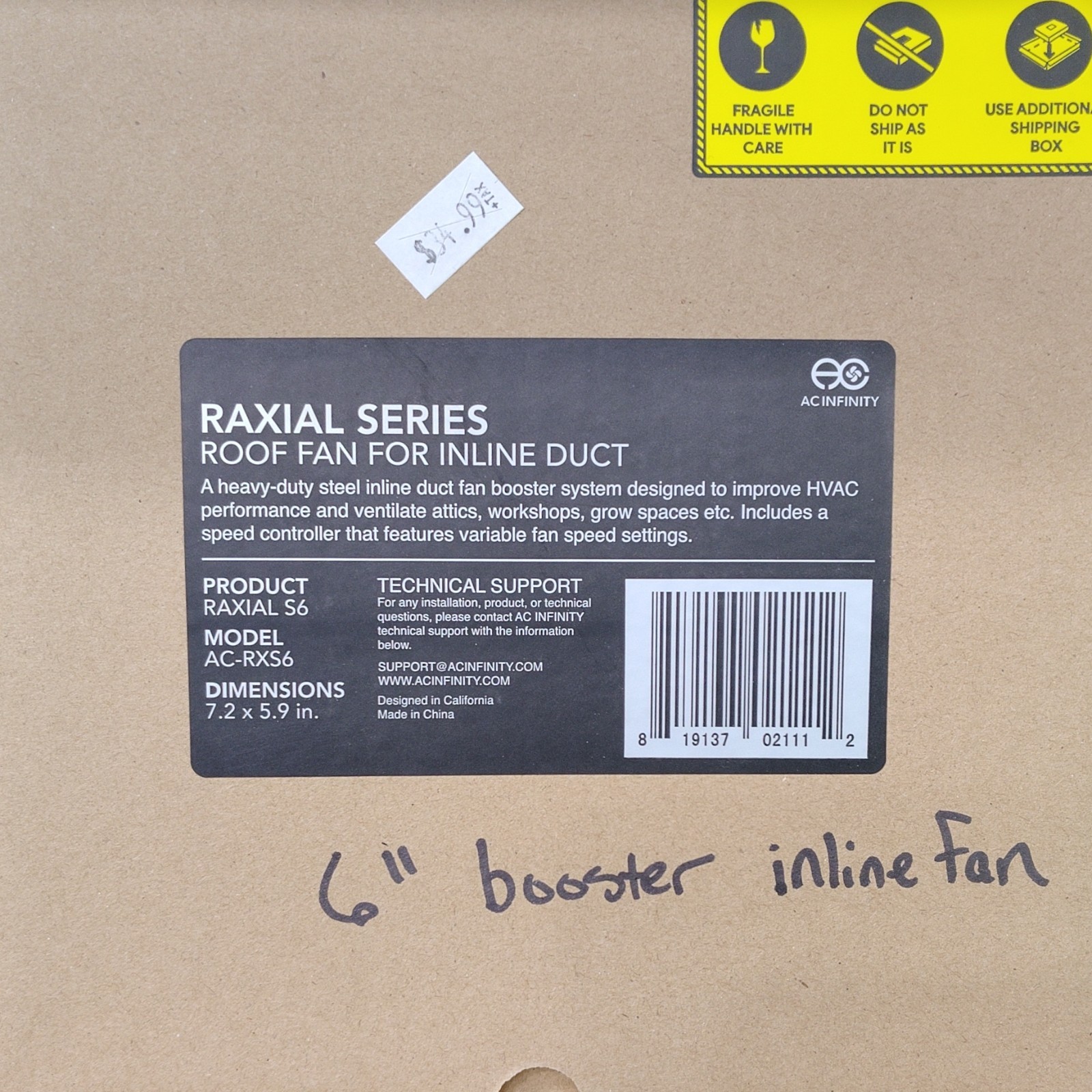 AC Infinity RAXIAL S6 6in Inline Duct Booster Fan w/ Speed Controller