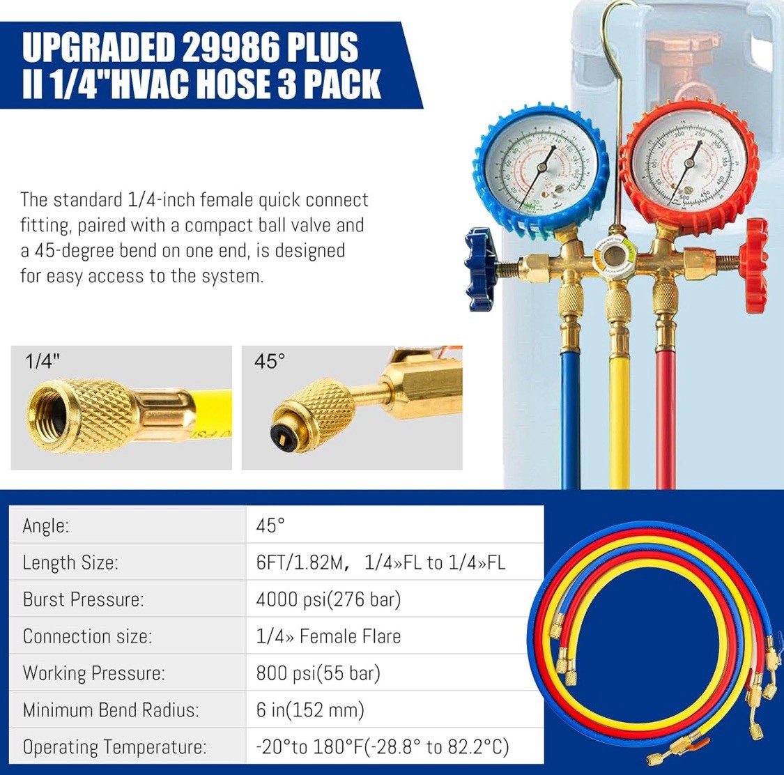 29986 Plus II 1/4″ Charging Hose Set 72″ with Compact Ball Valve