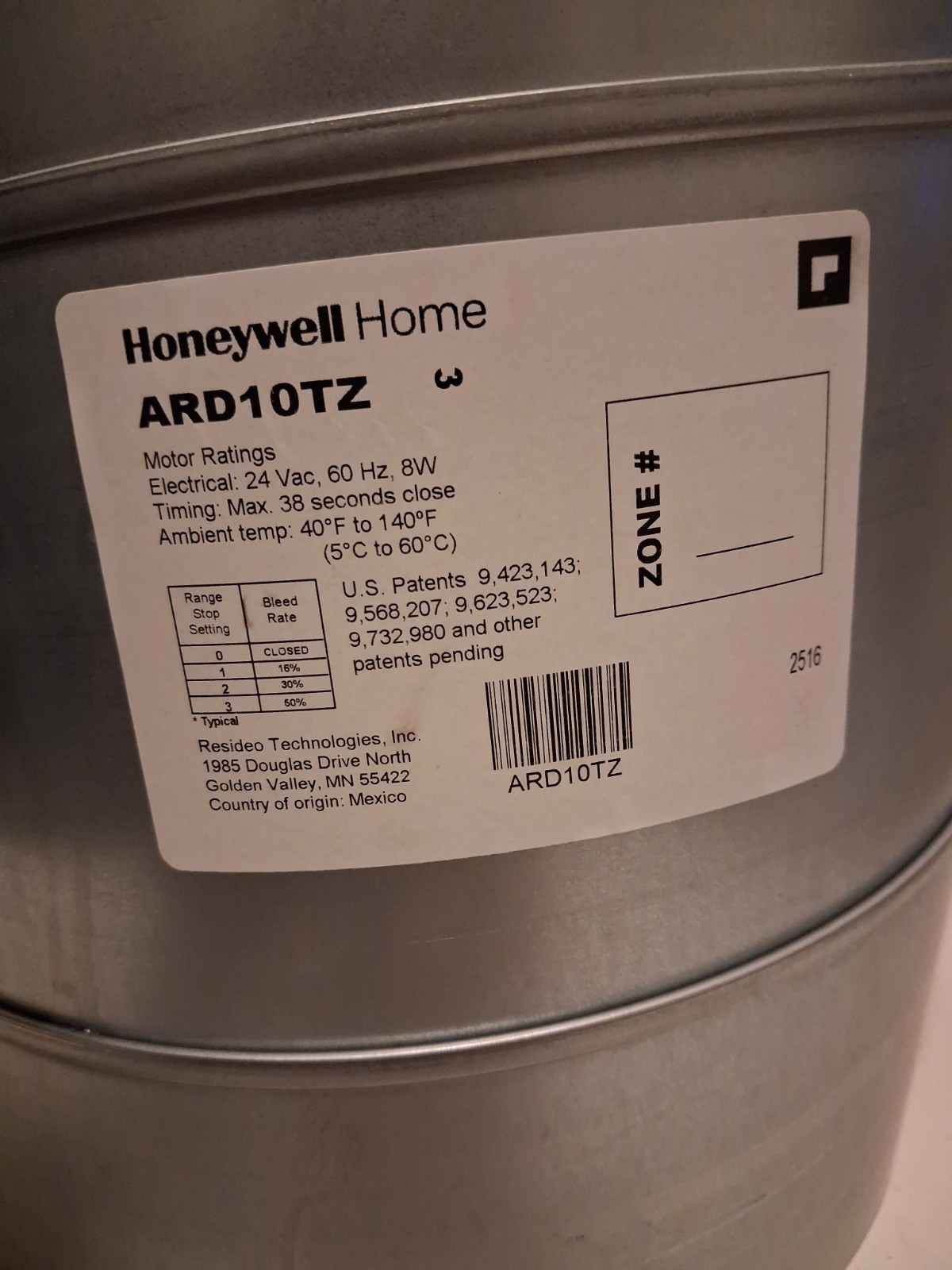Honeywell TrueZONE Round Supply Damper (ARD10TZ) 10 Inch