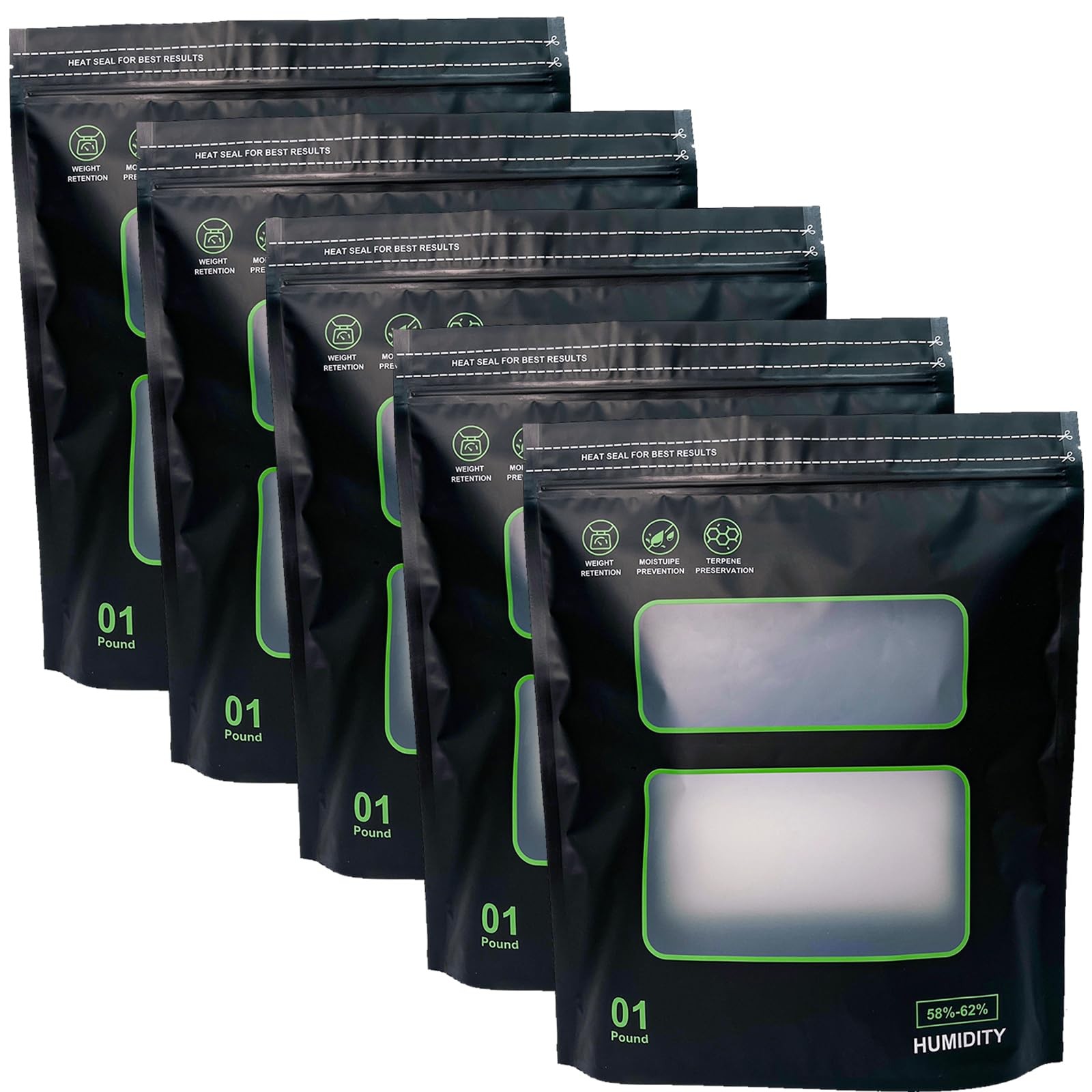 5PCS 1lb Terp Bags – 58%-62% RH 2-Way Humidity Control Onesize, Clear
