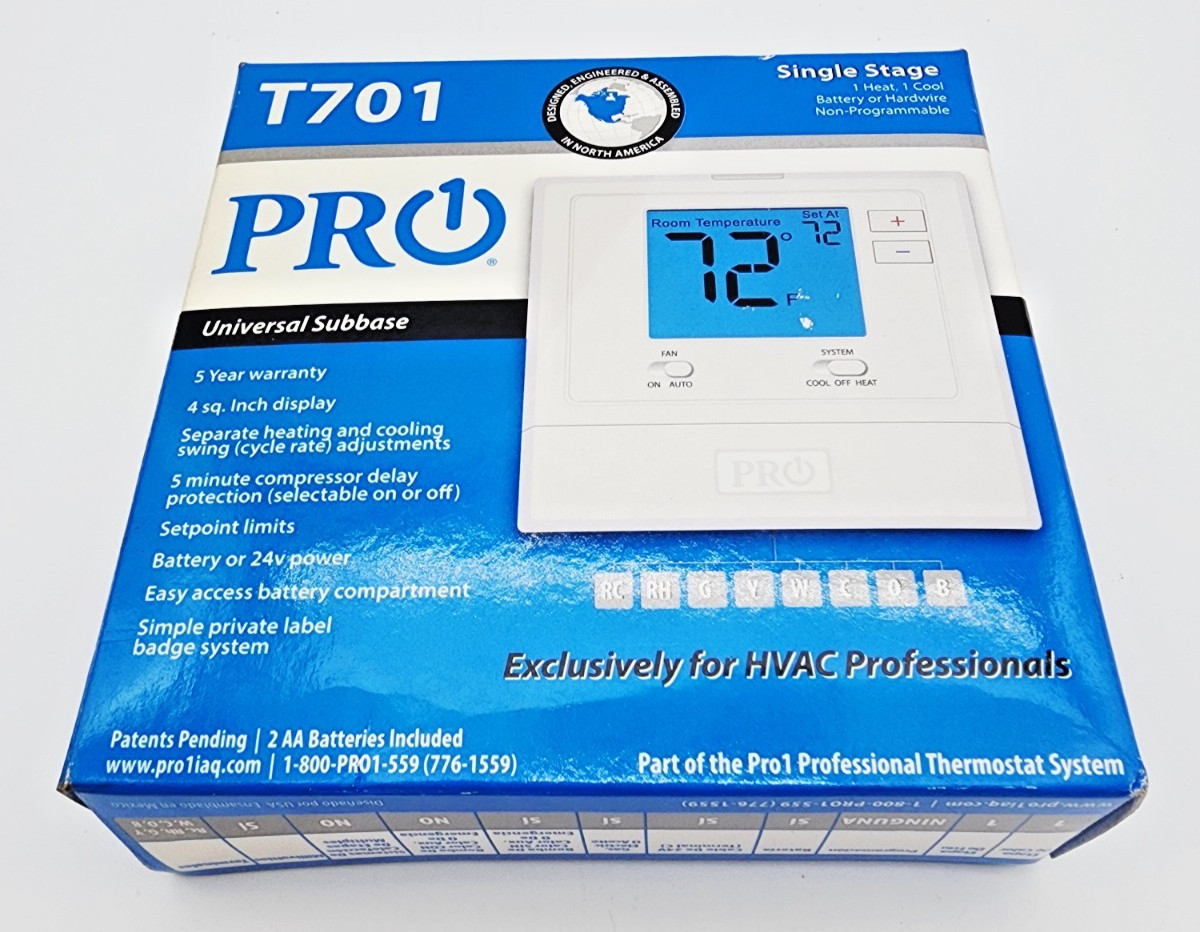PRO1 IAQ T701 Thermostat Single Stage 1 Heat/1 Cool NIB Non-Programmable