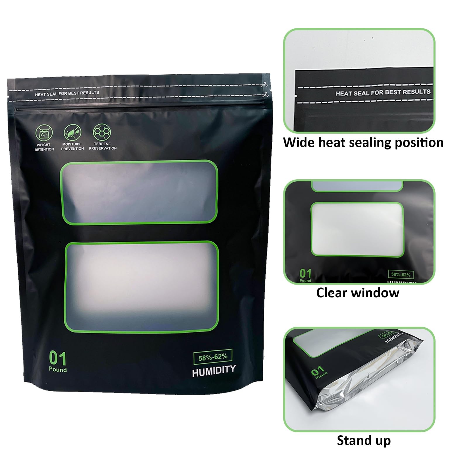 5PCS 1lb Terp Bags – 58%-62% RH 2-Way Humidity Control Onesize, Clear