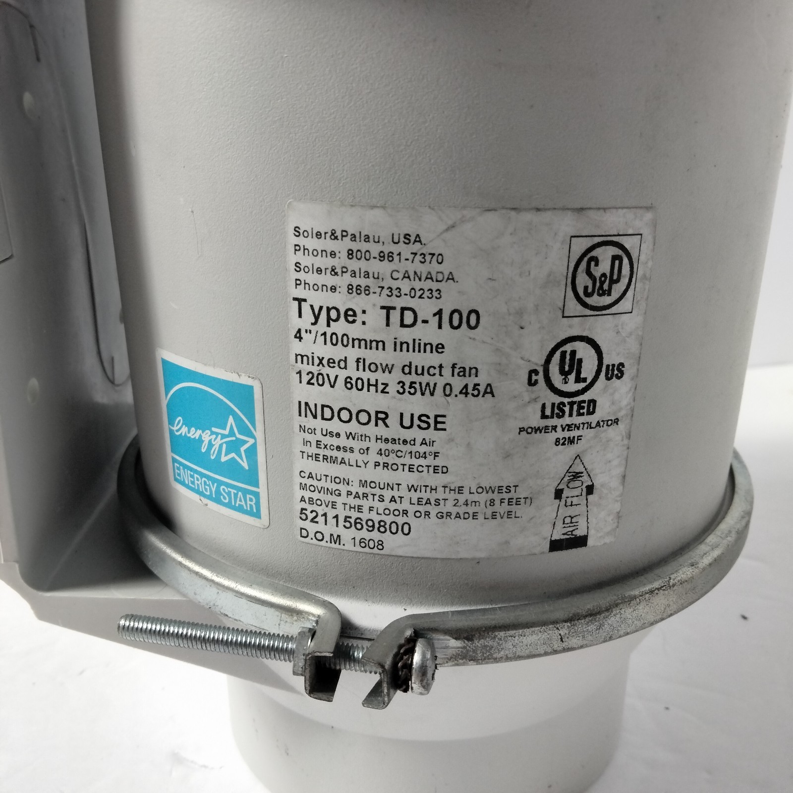 Soler & Palau (S&P) TD-100 mixed-flow inline duct fan, 4″, 120v, 35W, 0.45A